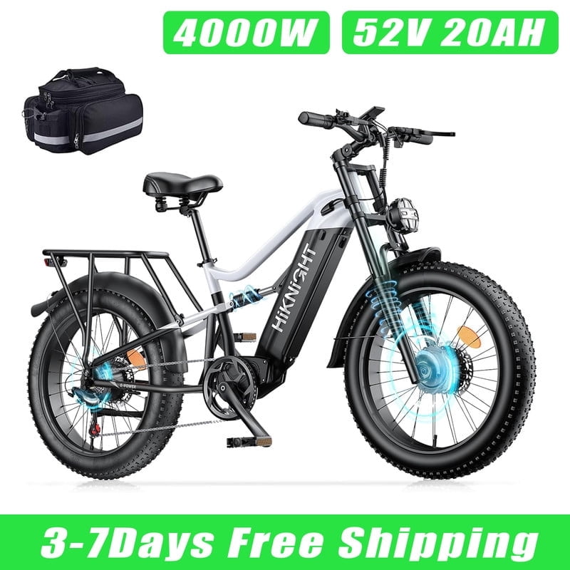 HiKNiGHT 4000W Dual Motor Electric Bike for Adults, 52V 20Ah Battery, 40 MPH & 90 Miles Range, 24 x 4.0 Fat Tire E-Bike, Dual Hydraulic Brakes, Full Suspension, H6 Pro (Black White) with Bag