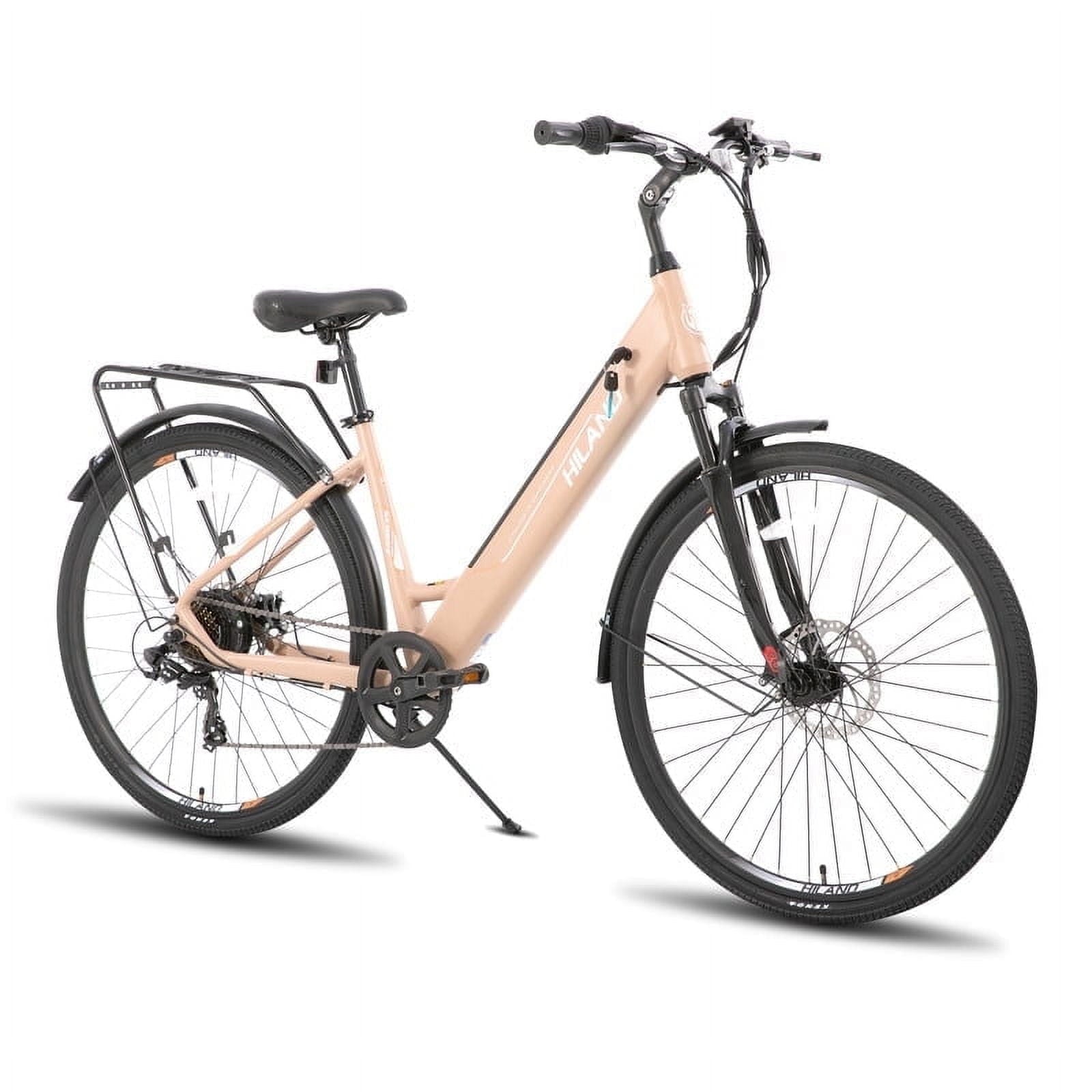Hiland 350W Electric Bike for Men Women, 700C Step-Through Commuter Ebike, 36V Removable Battery UL2849, 7-Speed Electric Bicycle, 20mph, Khaki