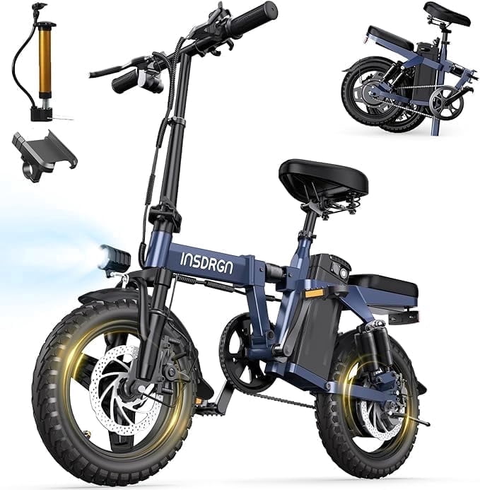 INSDRGN Folding Electric Bike for Adults Teens, 650W Peak Motor, 10.4AH 48V Battery 14 Electric Bicycles, 28 Miles Range, Mini Ebike for City Commuter, UL2849, Gray