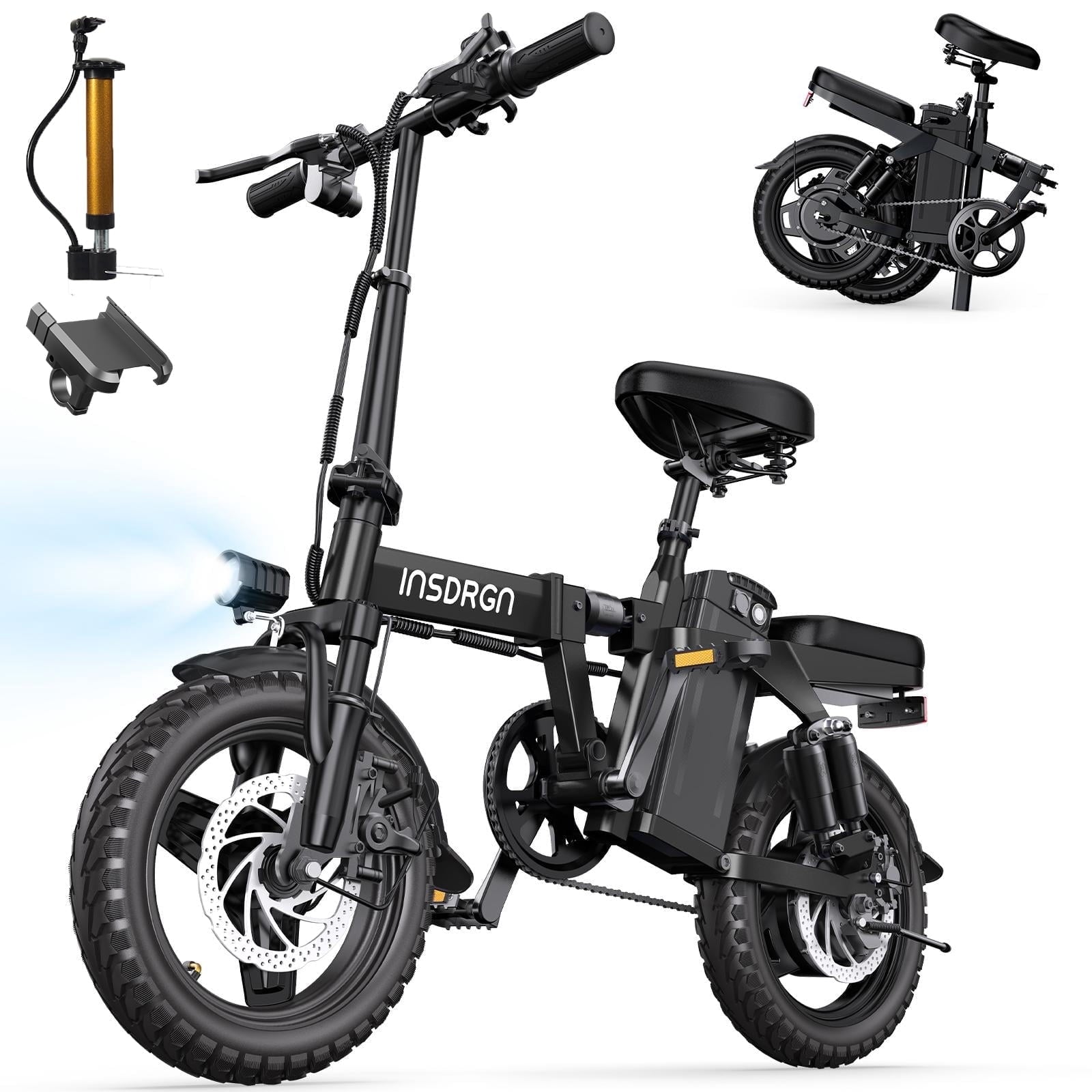 INSDRGN Folding Electric Bike for Adults Teens, 650W Peak Motor, 10.4AH 48V Battery 14 Electric Bicycles, 28 Miles Range, Mini Ebike for City Commuter, UL2849, Gray