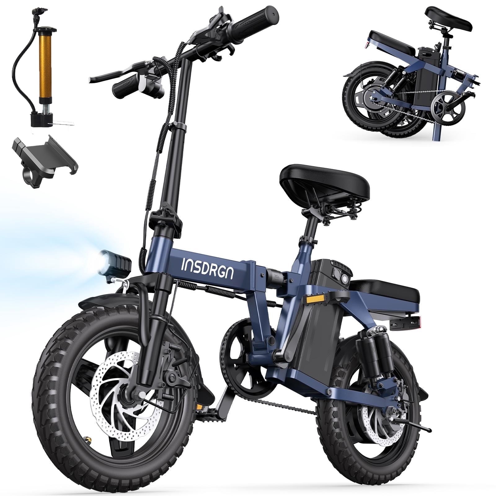 INSDRGN Folding Electric Bike for Adults Teens, 650W Peak Motor, 10.4AH 48V Battery 14 Electric Bicycles, 28 Miles Range, Mini Ebike for City Commuter, UL2849, Gray
