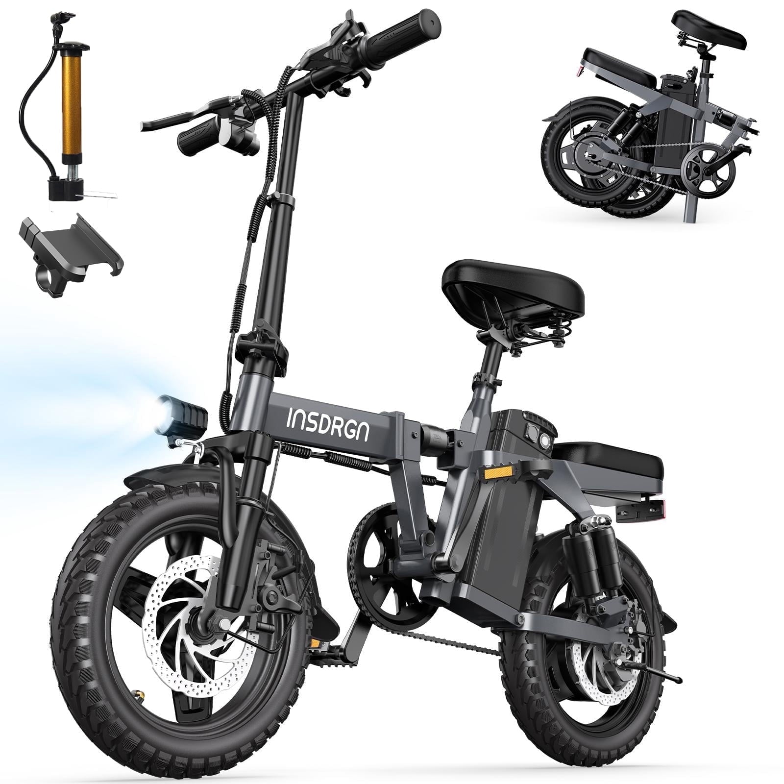 INSDRGN Folding Electric Bike for Adults Teens, 650W Peak Motor, 10.4AH 48V Battery 14 Electric Bicycles, 28 Miles Range, Mini Ebike for City Commuter, UL2849, Gray