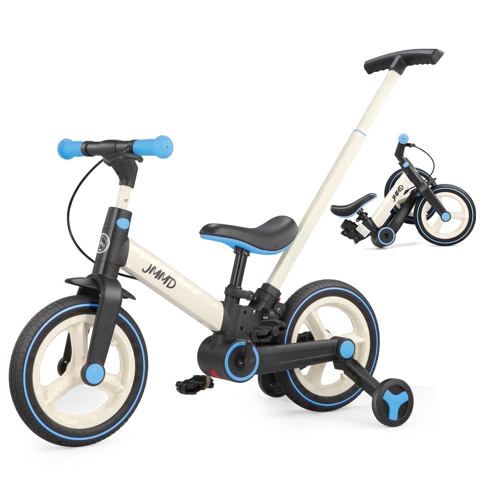 JMMD Toddler Bike with Push Handle for Kid 18-60 Months, 6 in 1 Foldable Tricycle with Training Wheel, Pedals, Kid Balance Bike for Boy & Girl, Black