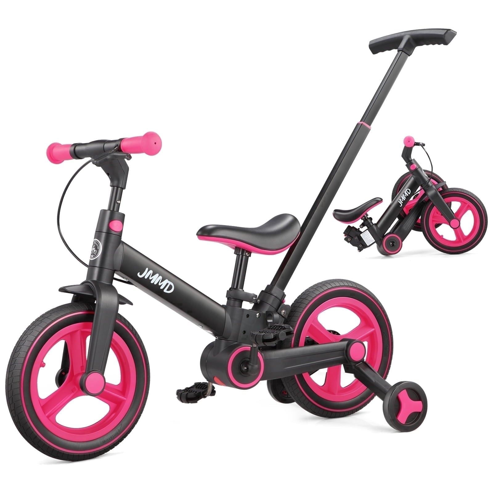 JMMD Toddler Bike with Push Handle for Kid 18-60 Months, 6 in 1 Foldable Tricycle with Training Wheel, Pedals, Kid Balance Bike for Boy & Girl, Black