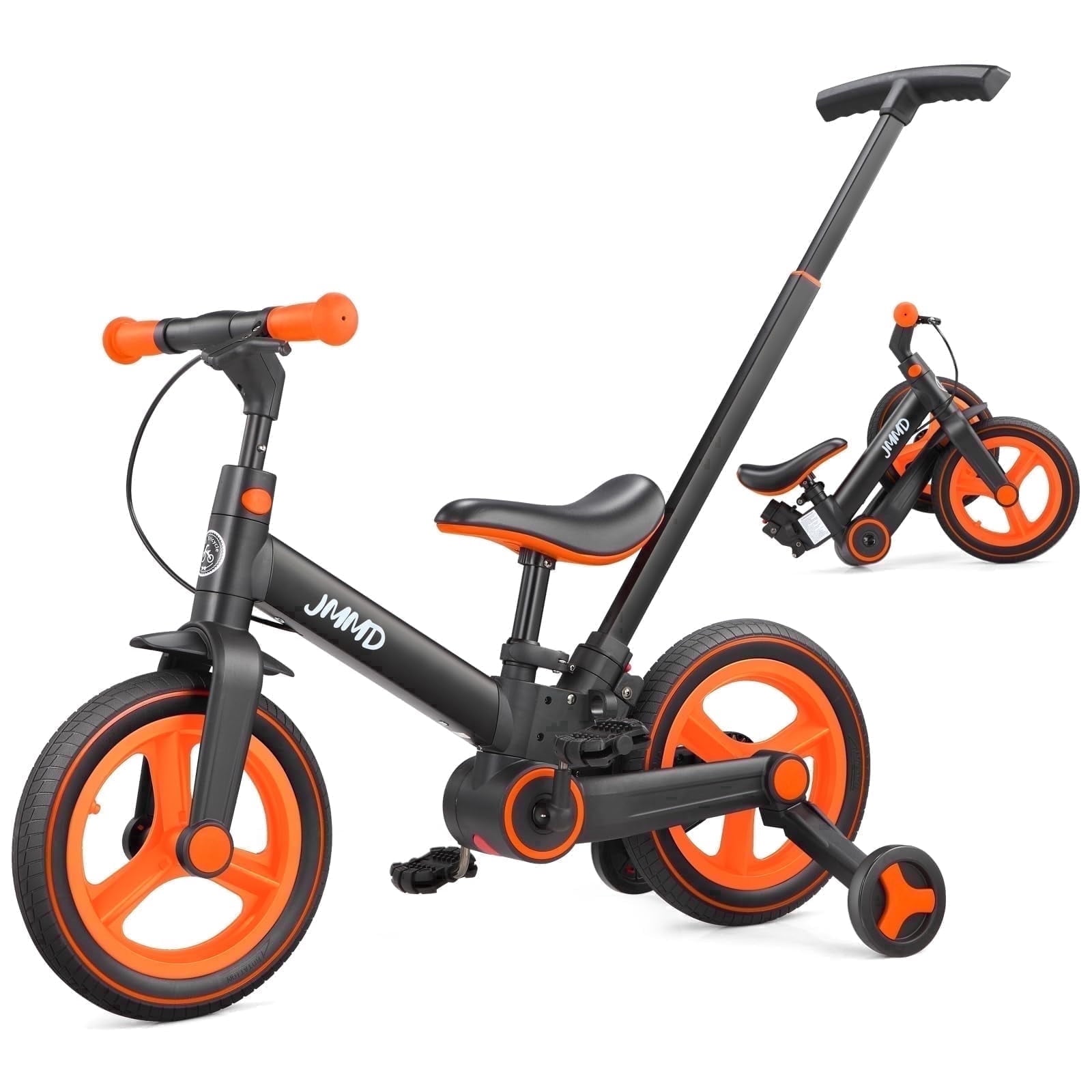 JMMD Toddler Bike with Push Handle for Kid 18-60 Months, 6 in 1 Foldable Tricycle with Training Wheel, Pedals, Kid Balance Bike for Boy & Girl, Black