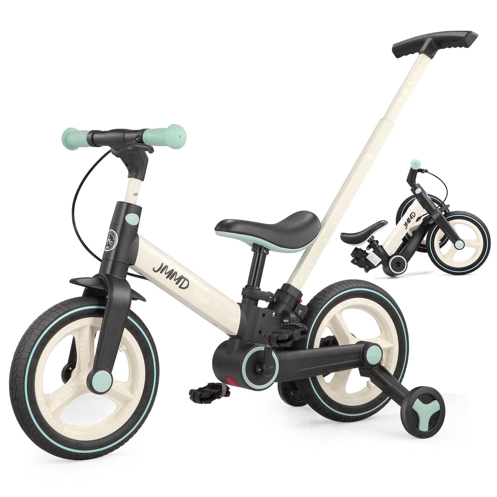 JMMD Toddler Bike with Push Handle for Kid 18-60 Months, 6 in 1 Foldable Tricycle with Training Wheel, Pedals, Kid Balance Bike for Boy & Girl, Black