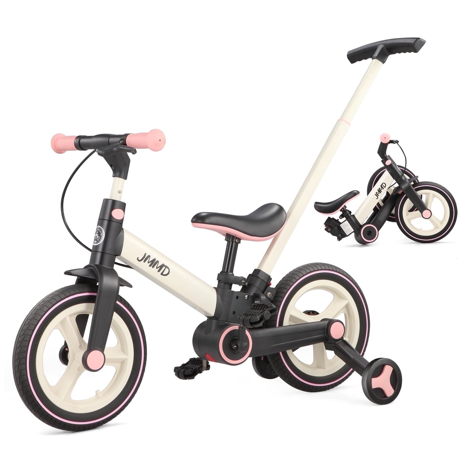 JMMD Toddler Bike with Push Handle for Kid 18-60 Months, 6 in 1 Foldable Tricycle with Training Wheel, Pedals, Kid Balance Bike for Boy & Girl, Black
