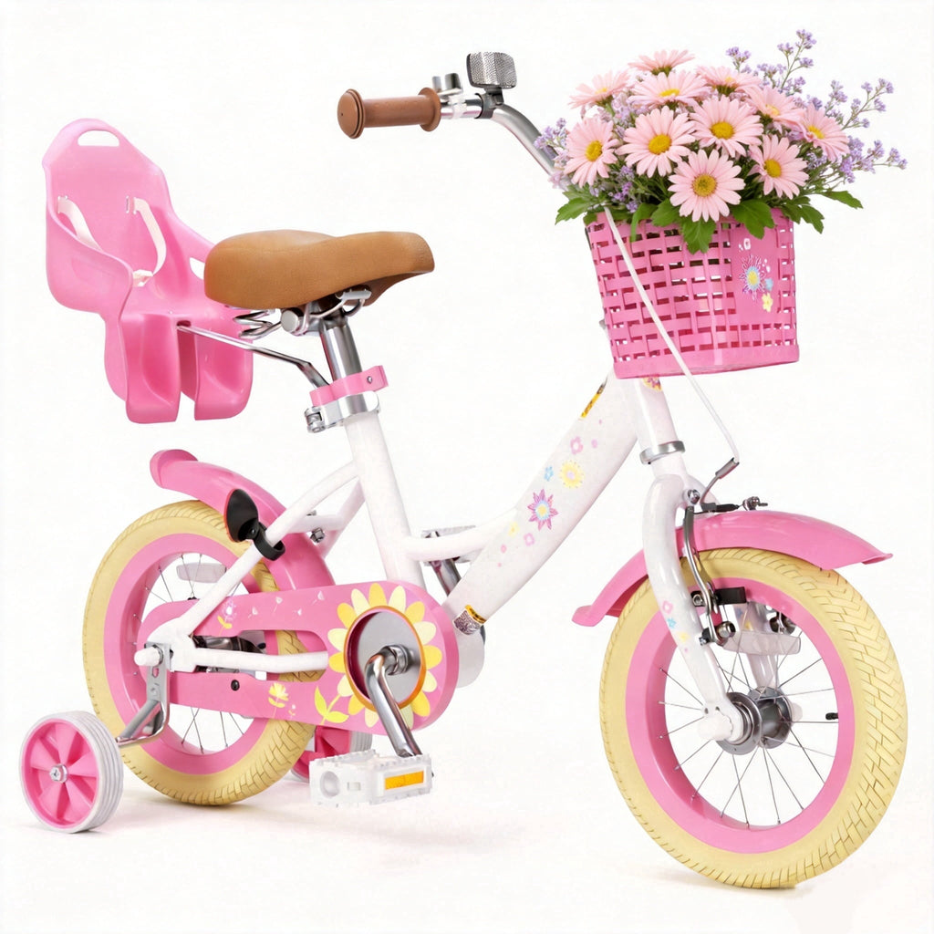 KORIMEFA Bikes for Girls 3-6 Years Old Toddlers, 12 inch Girls Bike with Training Wheels, Basket and Doll Seat, Children Bicycles with Handbrake, White