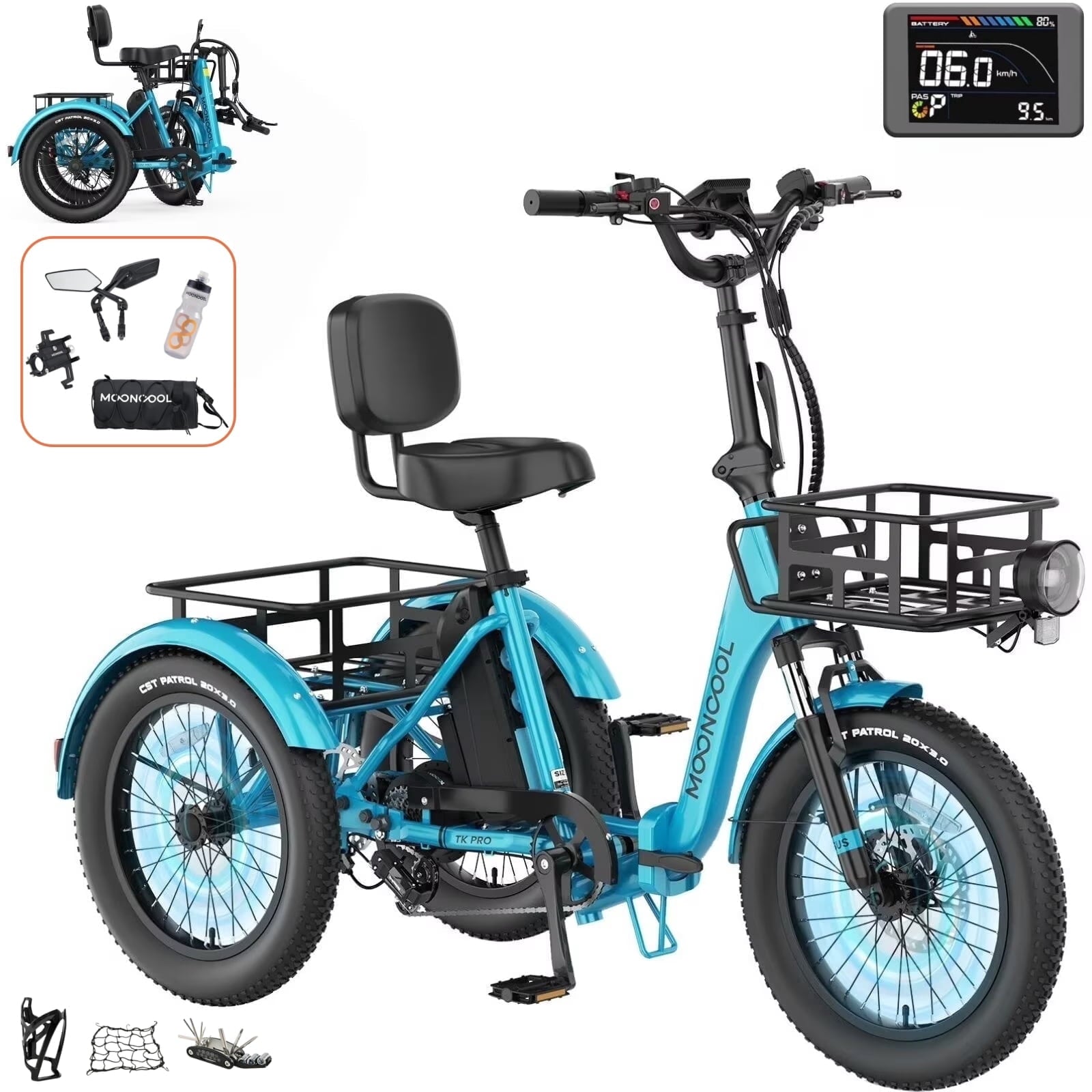 MOONCOOL TK Pro Foldable Electric Tricycle W/ Rearview mirror accessory Kit, 1500W Motor 48V 20Ah Battery, 20 Fat Tire Three Wheel 6-Speed Electric Mountain Bicycle for Adults