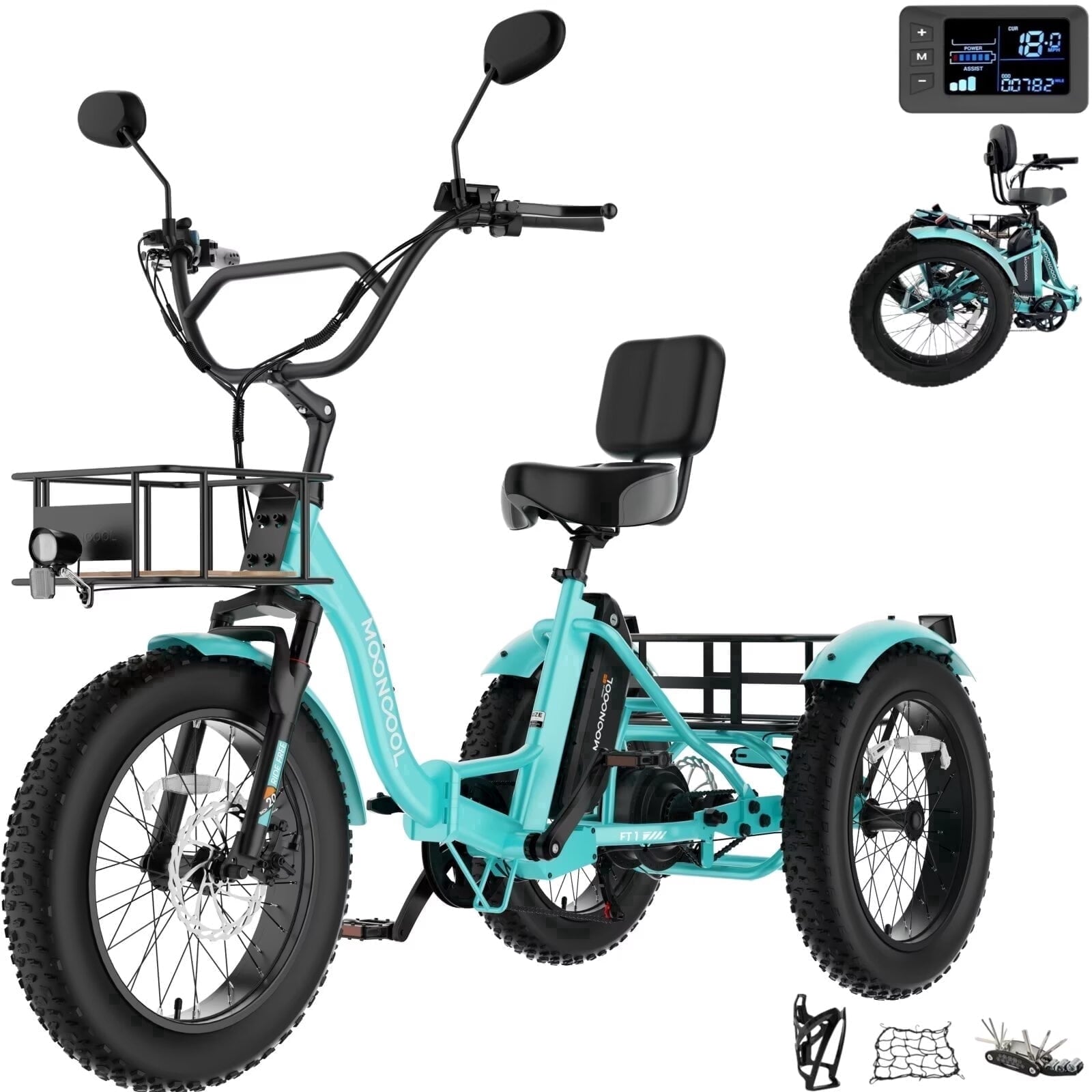 MOONCOOL Folding Electric Tricycle for Adults, 20 x 4 Fat Tire Electric Trike, 48V Peak 1092W  Electric Bicycle, 3 Wheels 7 Speed Ebike w/ 14.5Ah Removable Battery& Speed Differential Mechanism