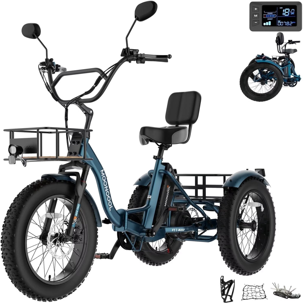 MOONCOOL Folding Electric Tricycle for Adults, 20 x 4 Fat Tire Electric Trike, 48V Peak 1092W  Electric Bicycle, 3 Wheels 7 Speed Ebike w/ 14.5Ah Removable Battery& Speed Differential Mechanism