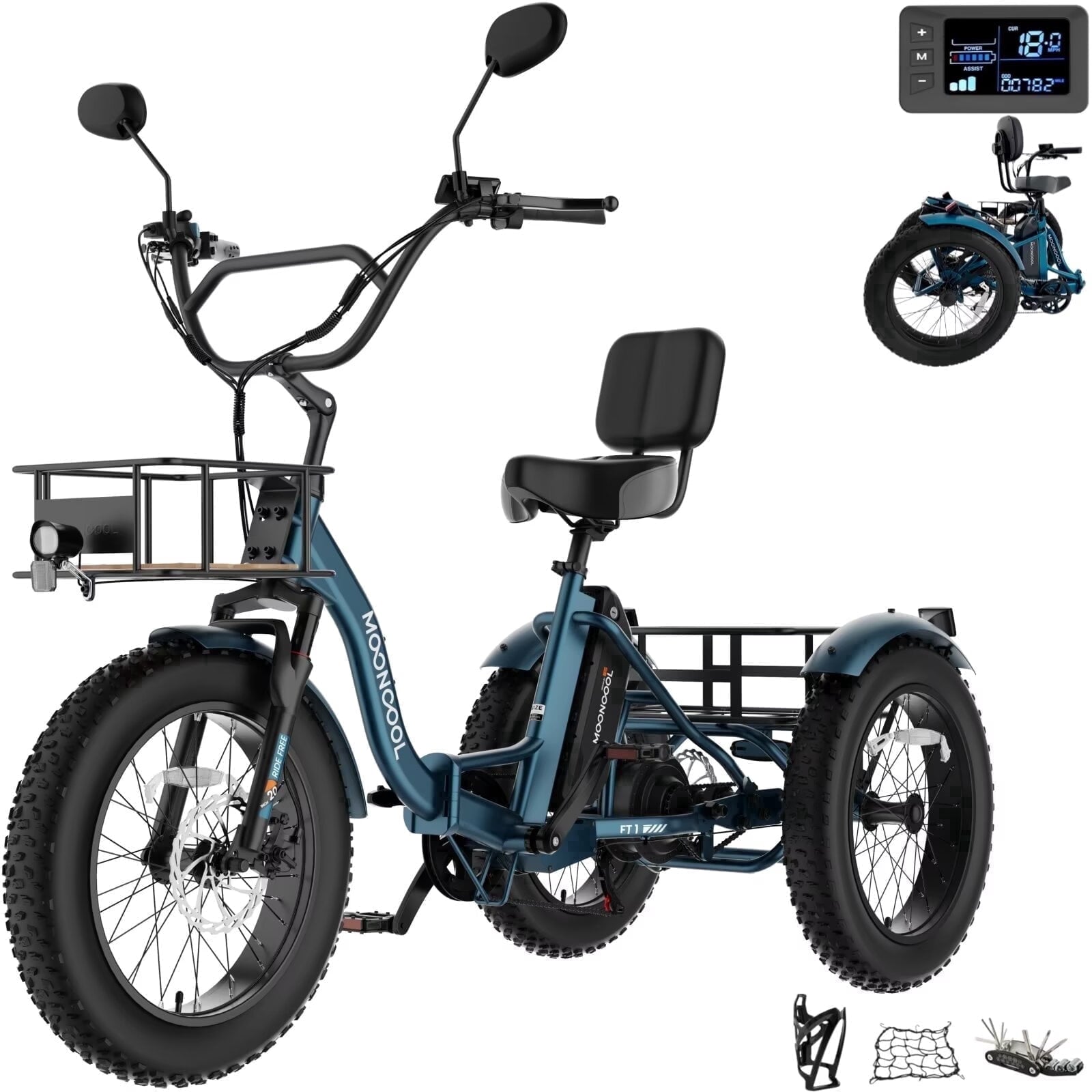 MOONCOOL Folding Electric Tricycle for Adults, 20 x 4 Fat Tire Electric Trike, 48V Peak 1092W  Electric Bicycle, 3 Wheels 7 Speed Ebike w/ 14.5Ah Removable Battery& Speed Differential Mechanism