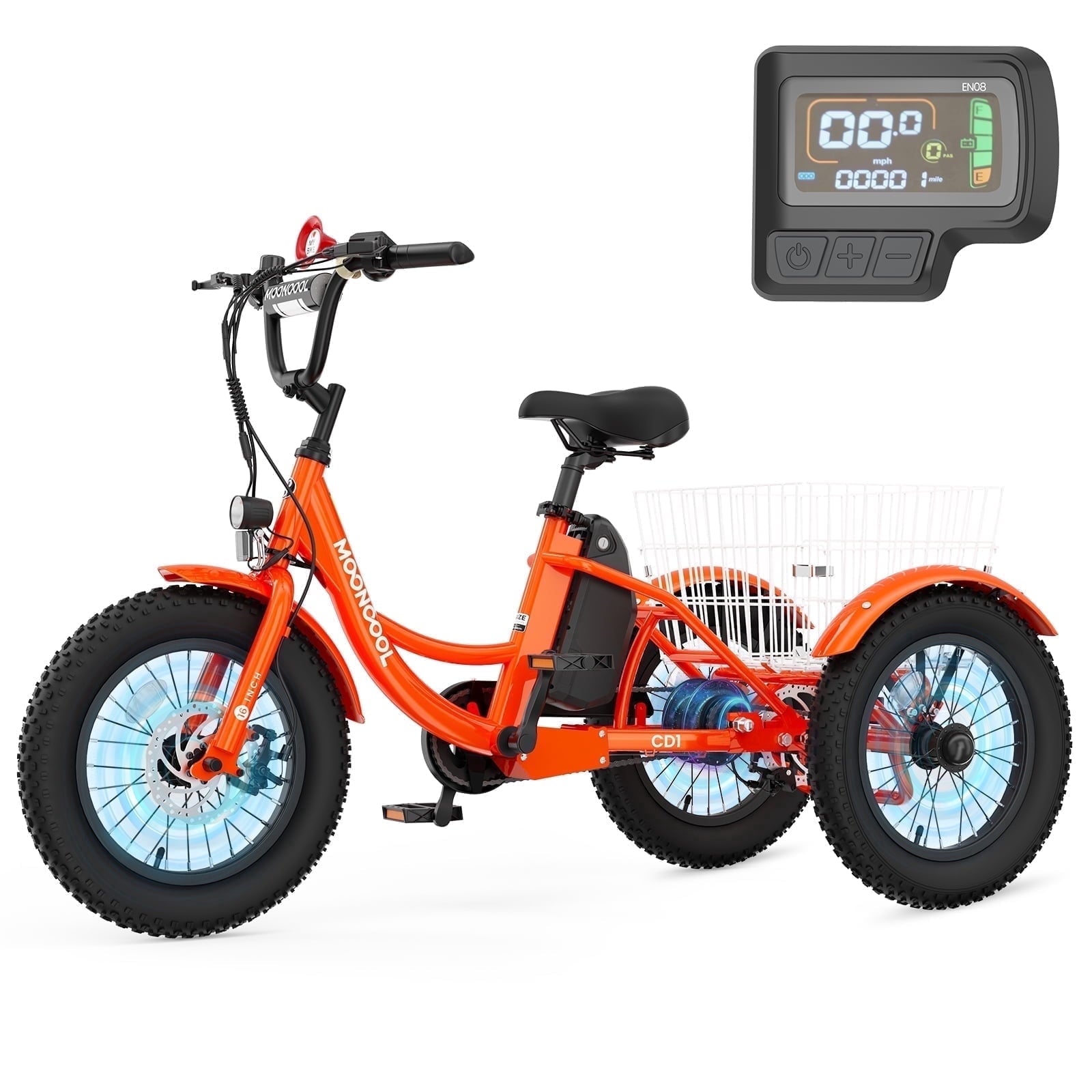 MOONCOOL Electric Tricycle for Kids ,16x3 3 Wheel 250W 10.4Ah Etrike W/ LED headlight & Rear Basket & horn bell & DIY stickers .6/9/12.5 MPH