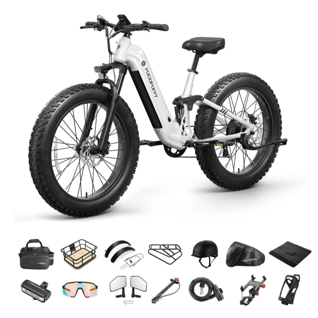 PUCKIPUPPY 26 Electric Bikes for Adults 960W Peak Step Through E-Bikes up to 80Miles Range 48V 20AH Battery Full Suspension Ebike 28 mph Max Speed Fat Tire E-Mountain Bike 7 Speed, UL2849 by SGS