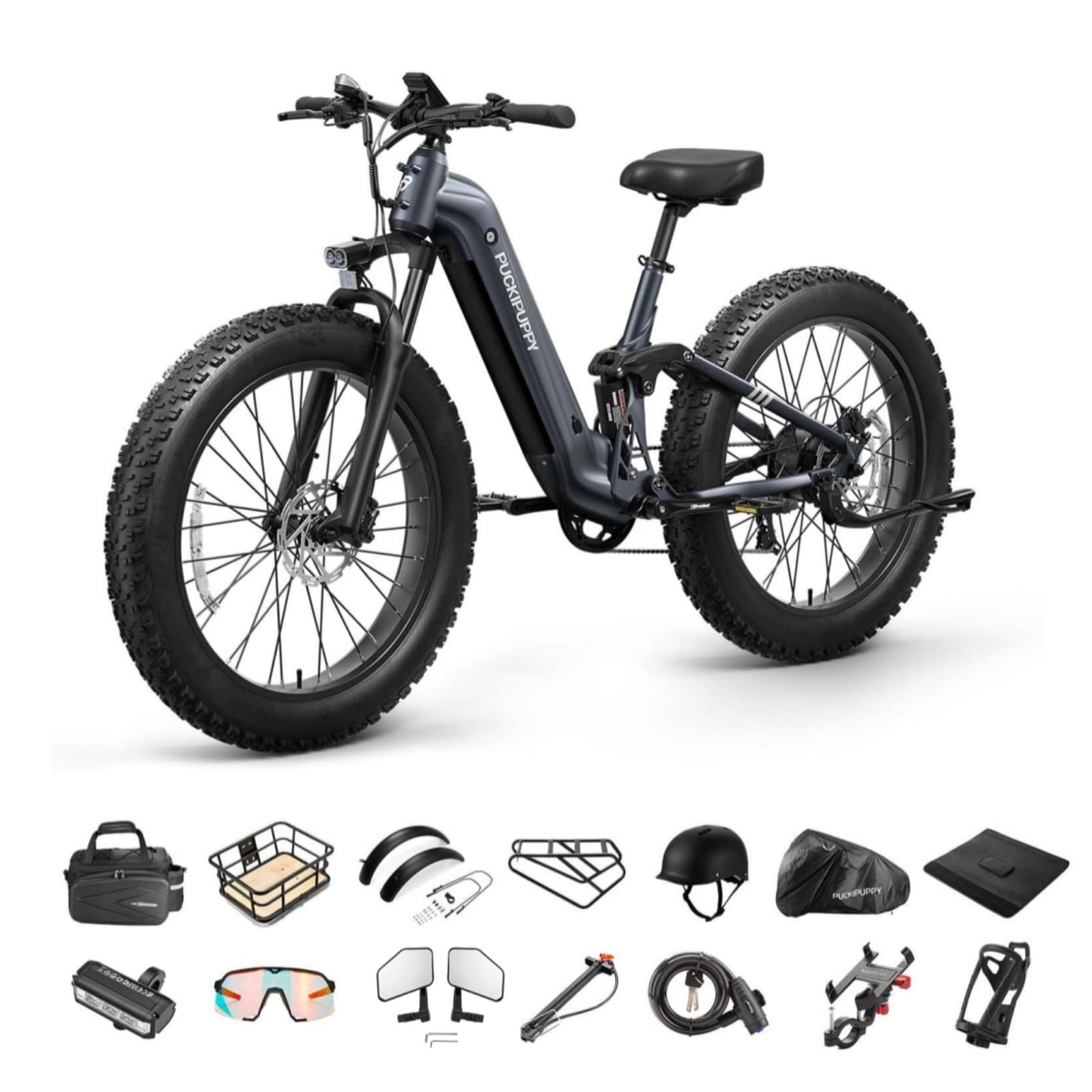 PUCKIPUPPY 26 Electric Bikes for Adults 960W Peak Step Through E-Bikes up to 80Miles Range 48V 20AH Battery Full Suspension Ebike 28 mph Max Speed Fat Tire E-Mountain Bike 7 Speed, UL2849 by SGS