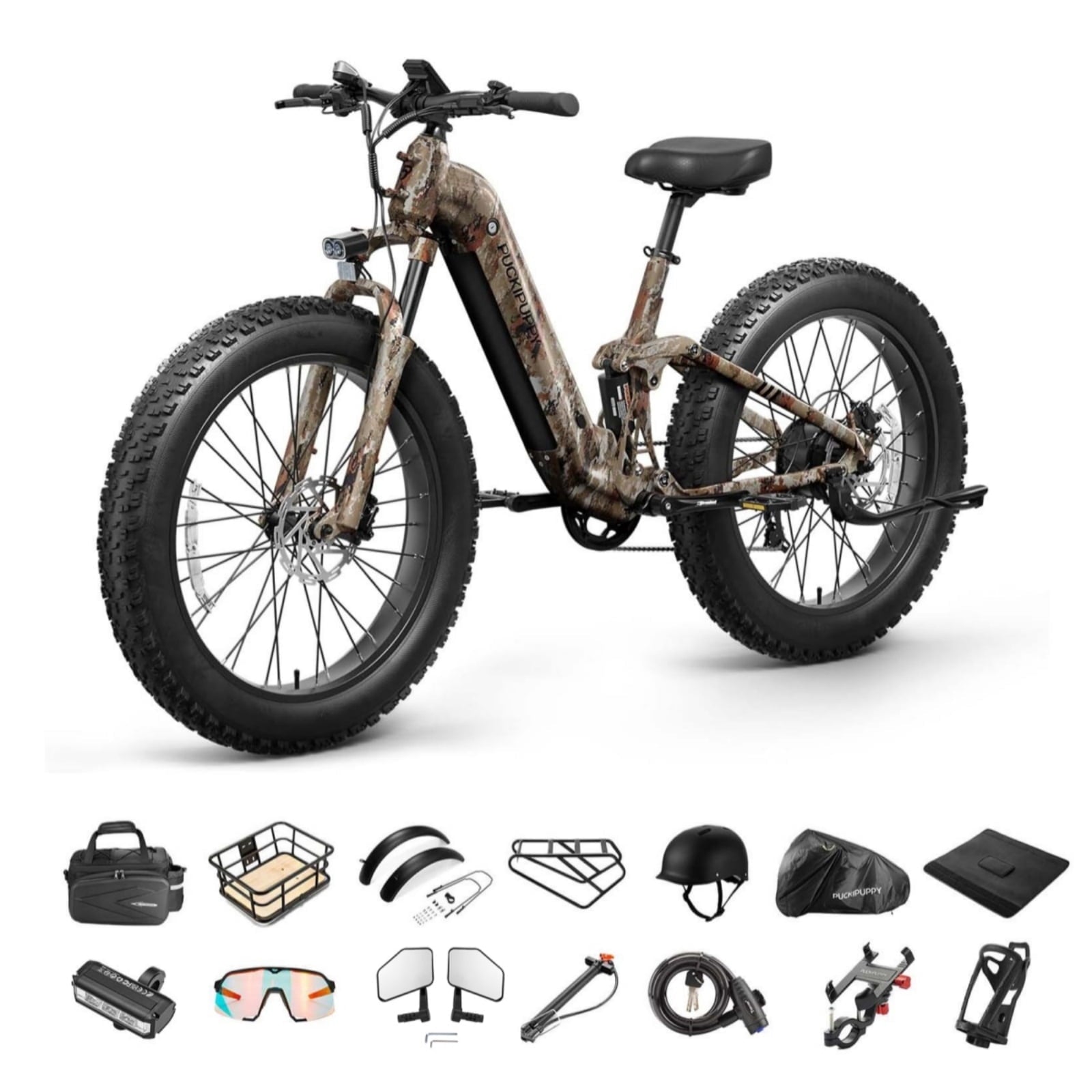PUCKIPUPPY 26 Electric Bikes for Adults 960W Peak Step Through E-Bikes up to 80Miles Range 48V 20AH Battery Full Suspension Ebike 28 mph Max Speed Fat Tire E-Mountain Bike 7 Speed, UL2849 by SGS