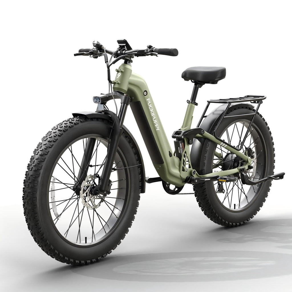 PUCKIPUPPY Electric Bikes for Adults 26 Step-Thru Ebikes 960W Peak Motor 80Miles Range 28mph Max Speed 48V 20AH Battery Full Suspension Fat Tire Mountain E Bike 7 Speed, Comply with UL2849 By SGS