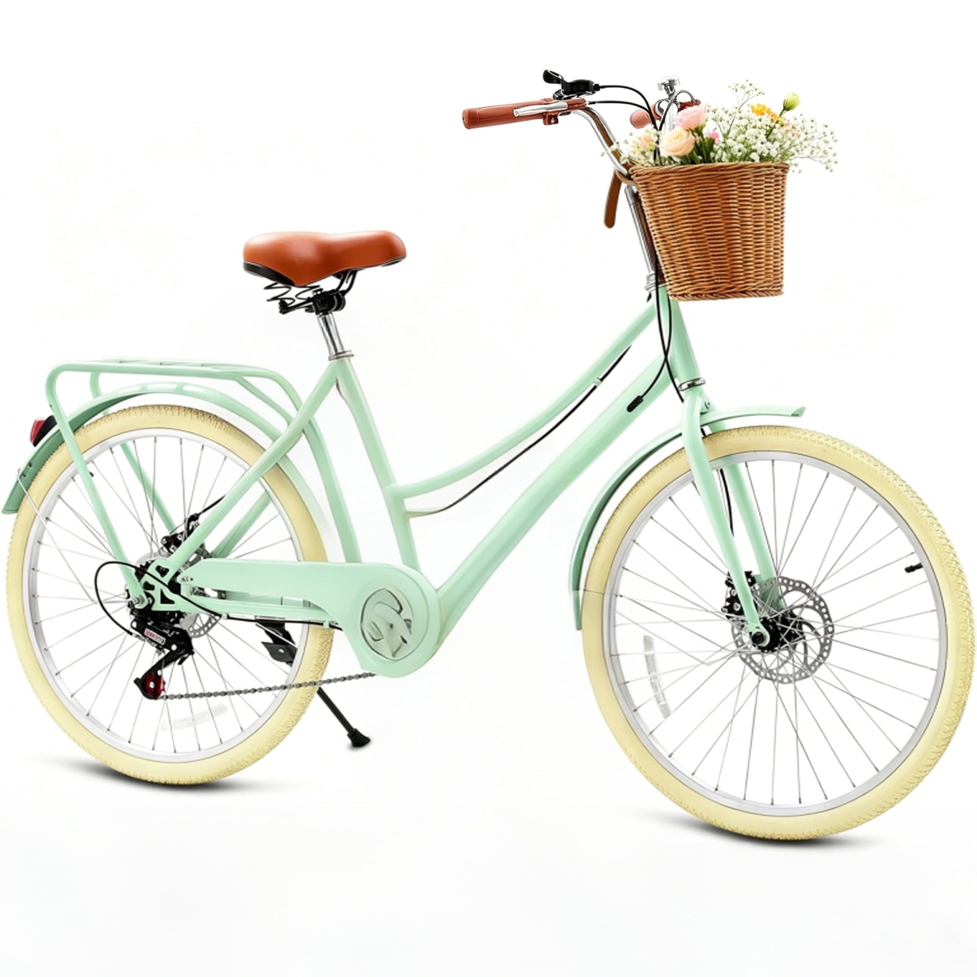 24 Beach Cruisers for Women, Pipleo Bikes for Women with Rattan Basket, 7-Speed & Step-Through Frame