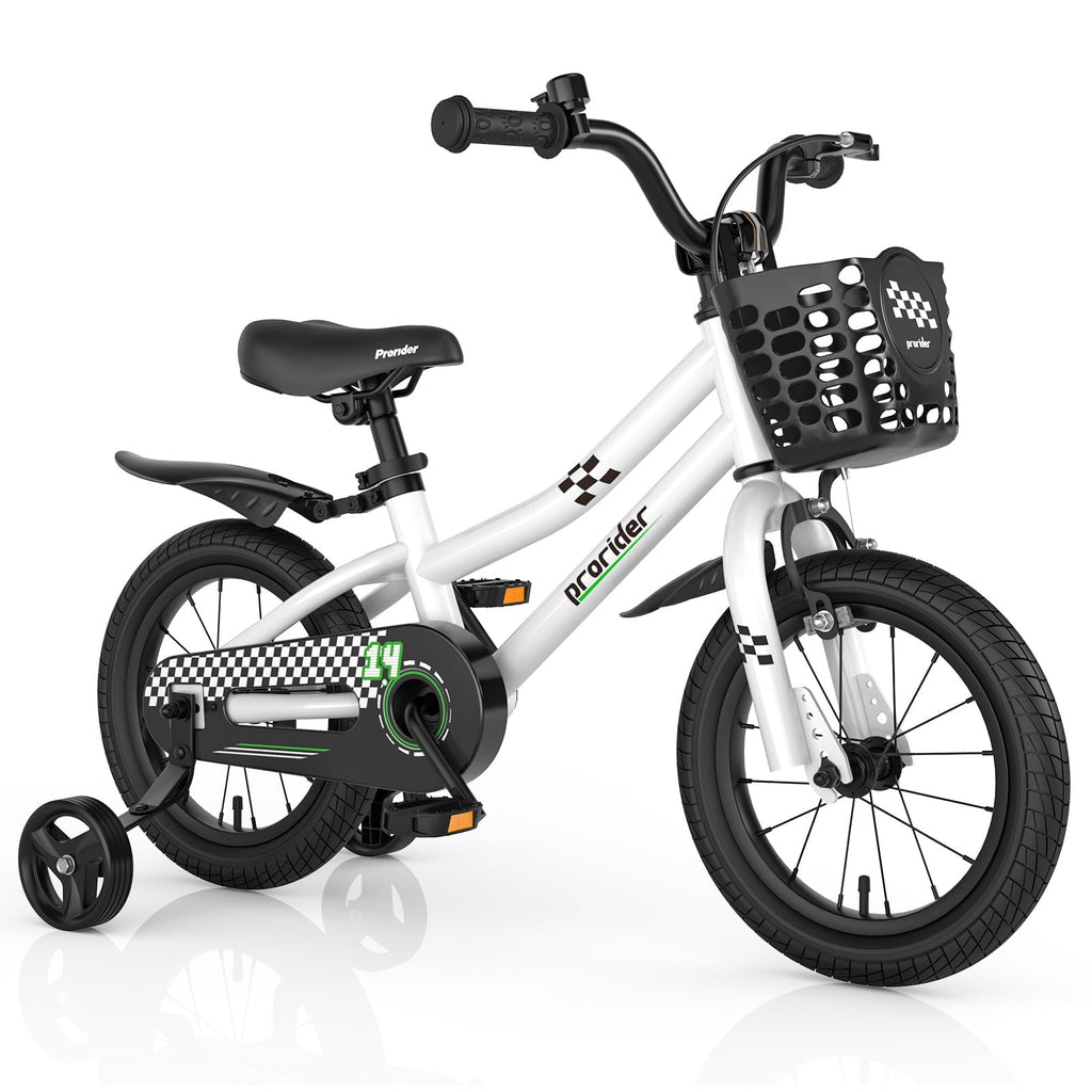 Costway 14'' Kid's Bike with Removable Training Wheels & Basket for 3-5 Years Old White