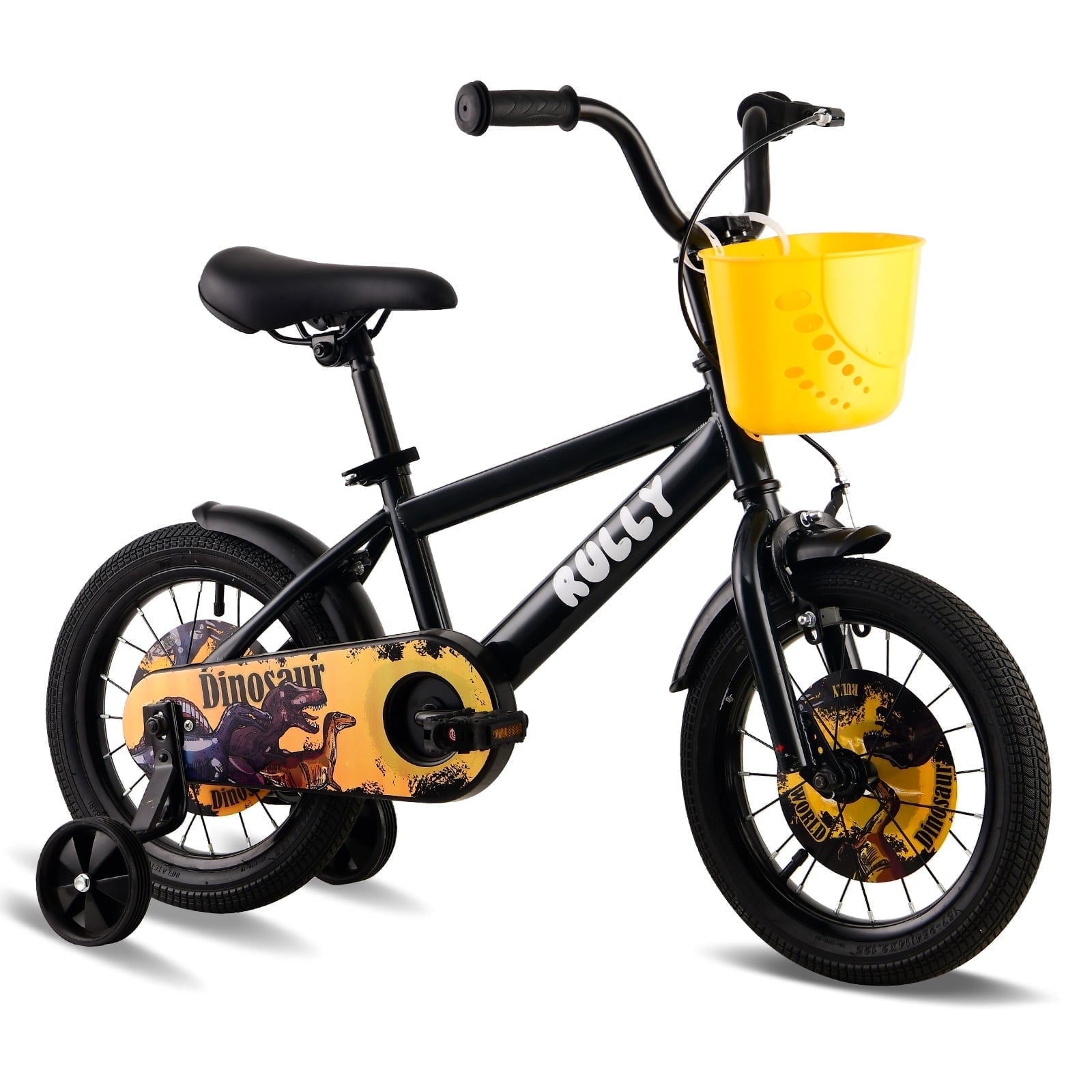 RULLY 14 Inch Dinosaur Kids Bike for Boys 3-5 Years, Bicycle with Training Wheels, Basket & Coaster Brake, Blue