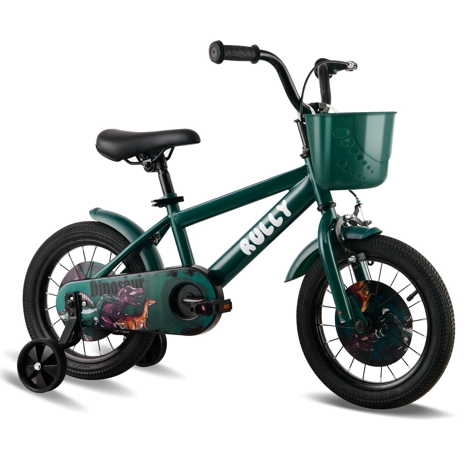 RULLY 14 Inch Dinosaur Kids Bike for Boys 3-5 Years, Bicycle with Training Wheels, Basket & Coaster Brake, Blue