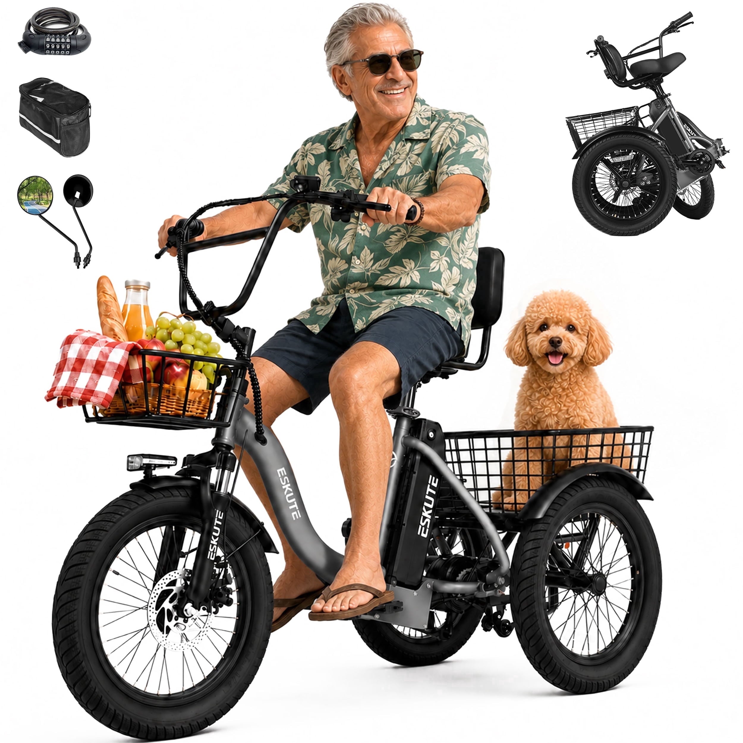 ESKUTE Electric Tricycle for Adults, 1200W Peak Motor, Up to 55 Miles Range, 624Wh Removable Battery, Folding 3-Wheel Ebike with 18x3.0 Fat Tires, Step-Through Red, UL2849