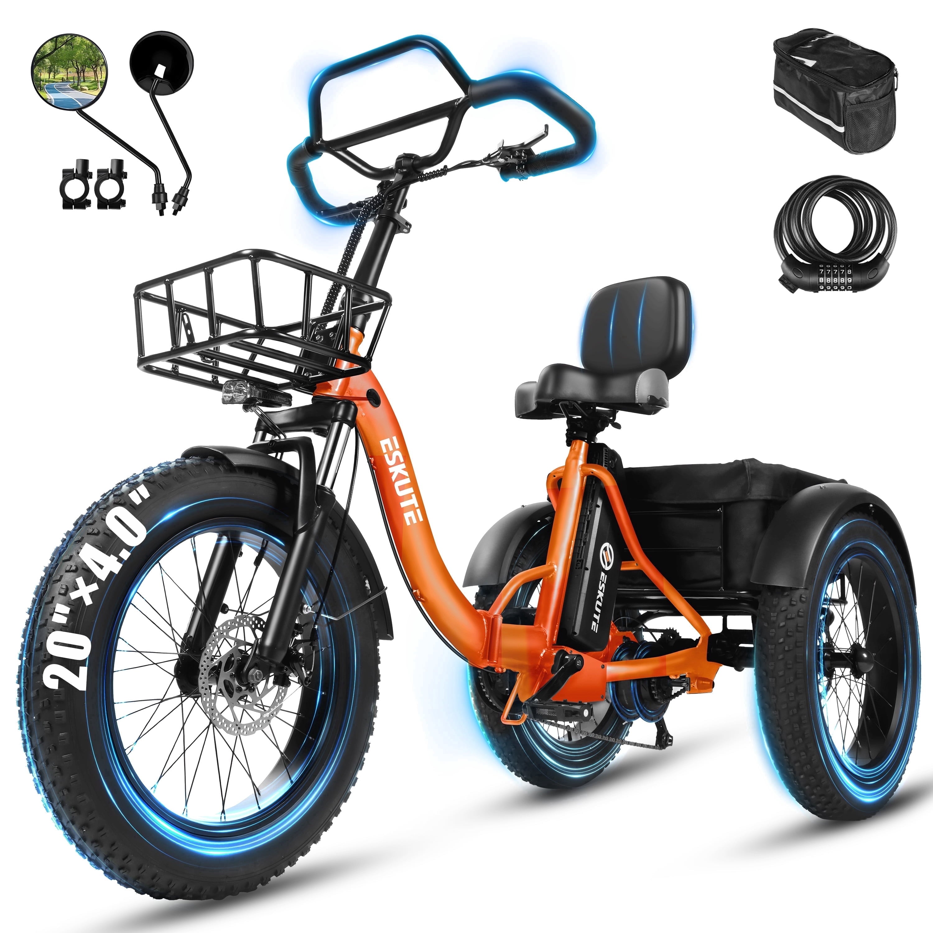 ESKUTE T300 Pro Electric Tricycle for Adults, E Trike, 1200W Peak Motor, 998.4Wh Battery, 20 x 4.0 Fat Tires, Foldable 3 Wheel Electric Bike, Stable Ride for Seniors & Parents Black, UL2849