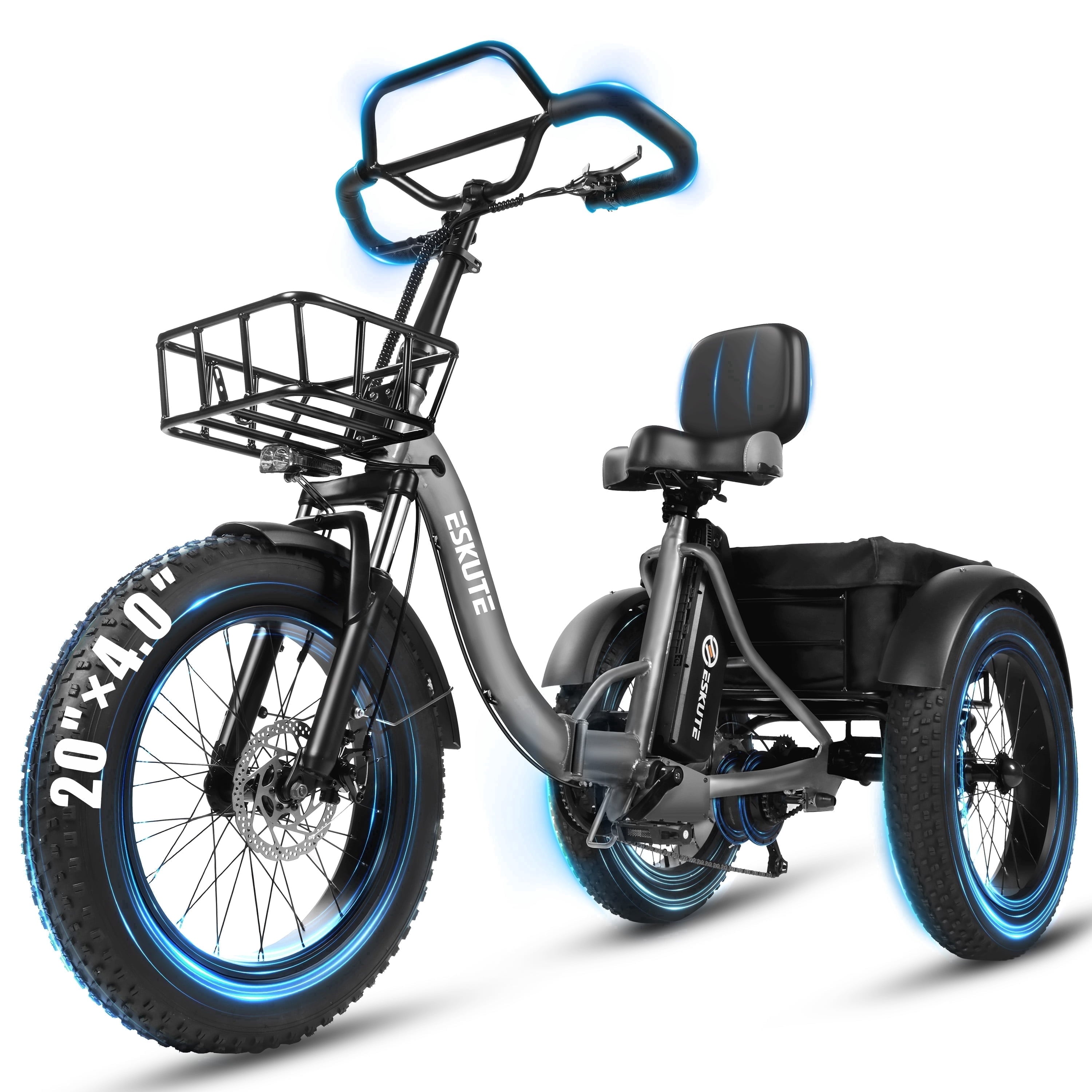 ESKUTE T300 Pro Electric Tricycle for Adults, E Trike, 1200W Peak Motor, 998.4Wh Battery, 20 x 4.0 Fat Tires, Foldable 3 Wheel Electric Bike, Stable Ride for Seniors & Parents Black, UL2849