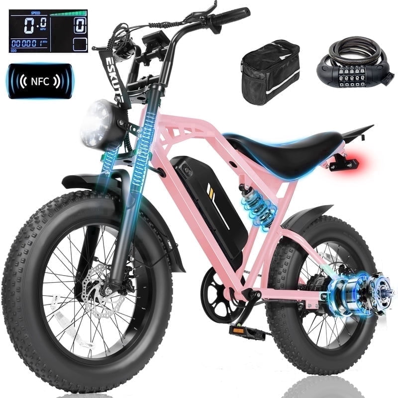 ESKUTE Electric Bike for Adults & Teens, 29MPH, 80 Miles Range, 48V 20.8Ah Battery, 20 x 4.0 Fat Tire, Dual Suspension, 7-Speed Off-Road Ebike Orange, UL2849