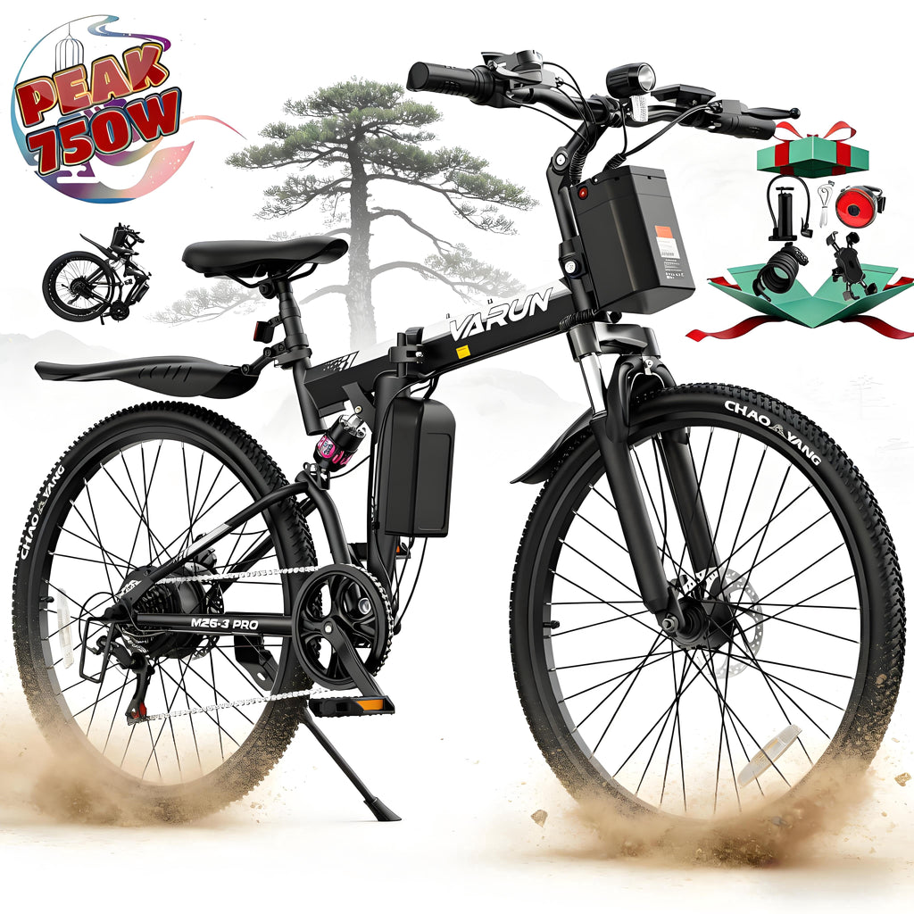 VARUN Electric Bike, 26 Foldable Ebike, Peak 750W Motor, 48V 374.4Wh Battery, up to 20+mph 50 Miles, 7 Speeds with Bike Pump, Phone Holder & Bike Lock & Rear Light, E Bike for Adult, UL2849(Black)