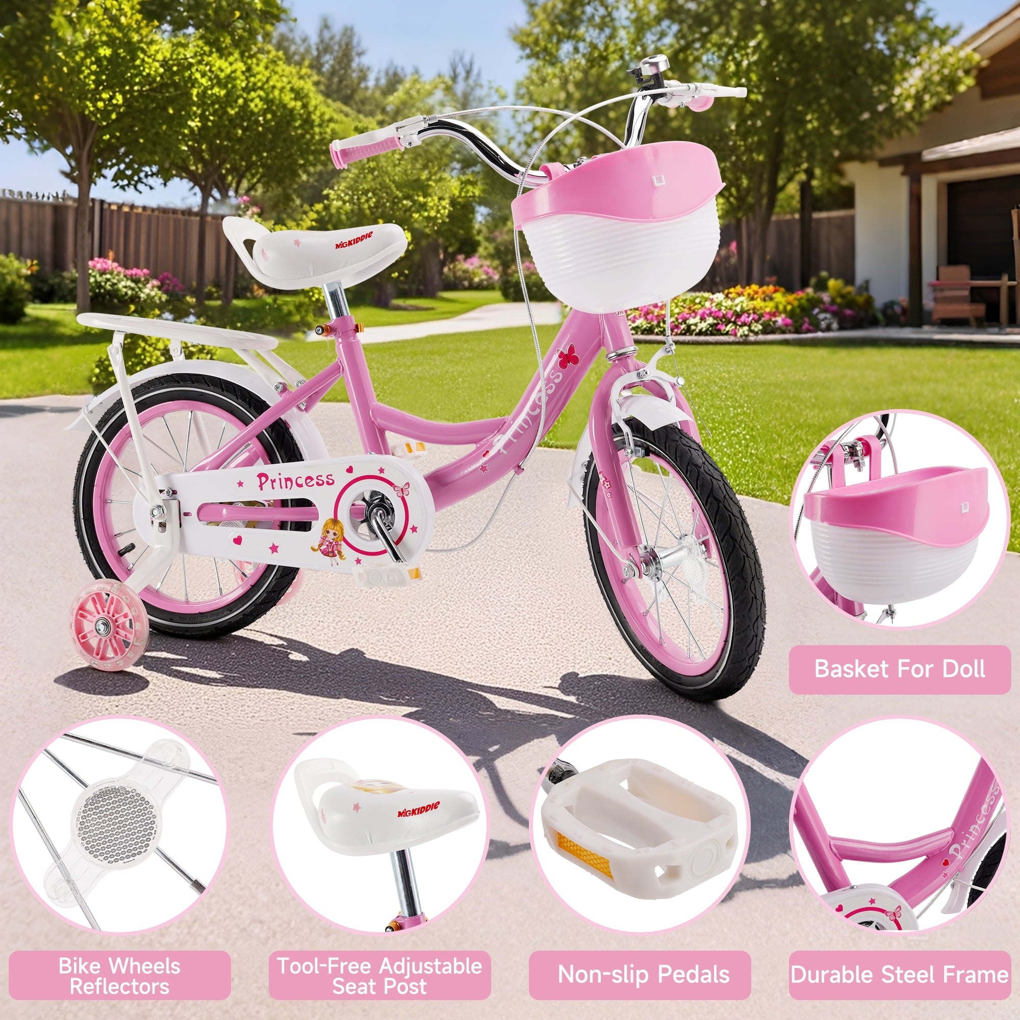 16 18 Inch Girls Bike for Toddlers and Kids Ages 4-9 Years Old, Kids Bike with Flashing Training Wheels & Basket, Girls Bicycle with Handbrake & Kickstand, Pink/Purple