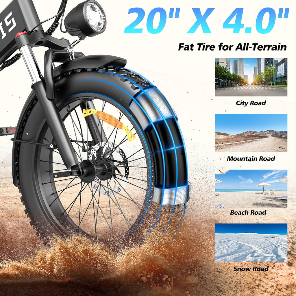 GugoIs 1500W Peak Electric Bike, 20 x 4.0 Fat Tire Electric Mountain Bike, 48V 20Ah Battery Folding Ebike with Rear Rack, 7 Speed E-Bicycle, Lockable Suspension Fork, off-road UL2849