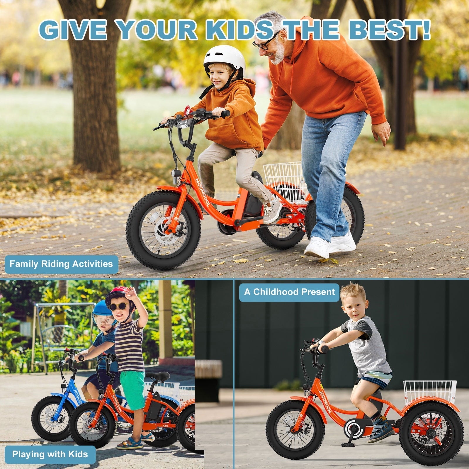 MOONCOOL Electric Tricycle for Kids ,16x3 3 Wheel 250W 10.4Ah Etrike W/ LED headlight & Rear Basket & horn bell & DIY stickers .6/9/12.5 MPH