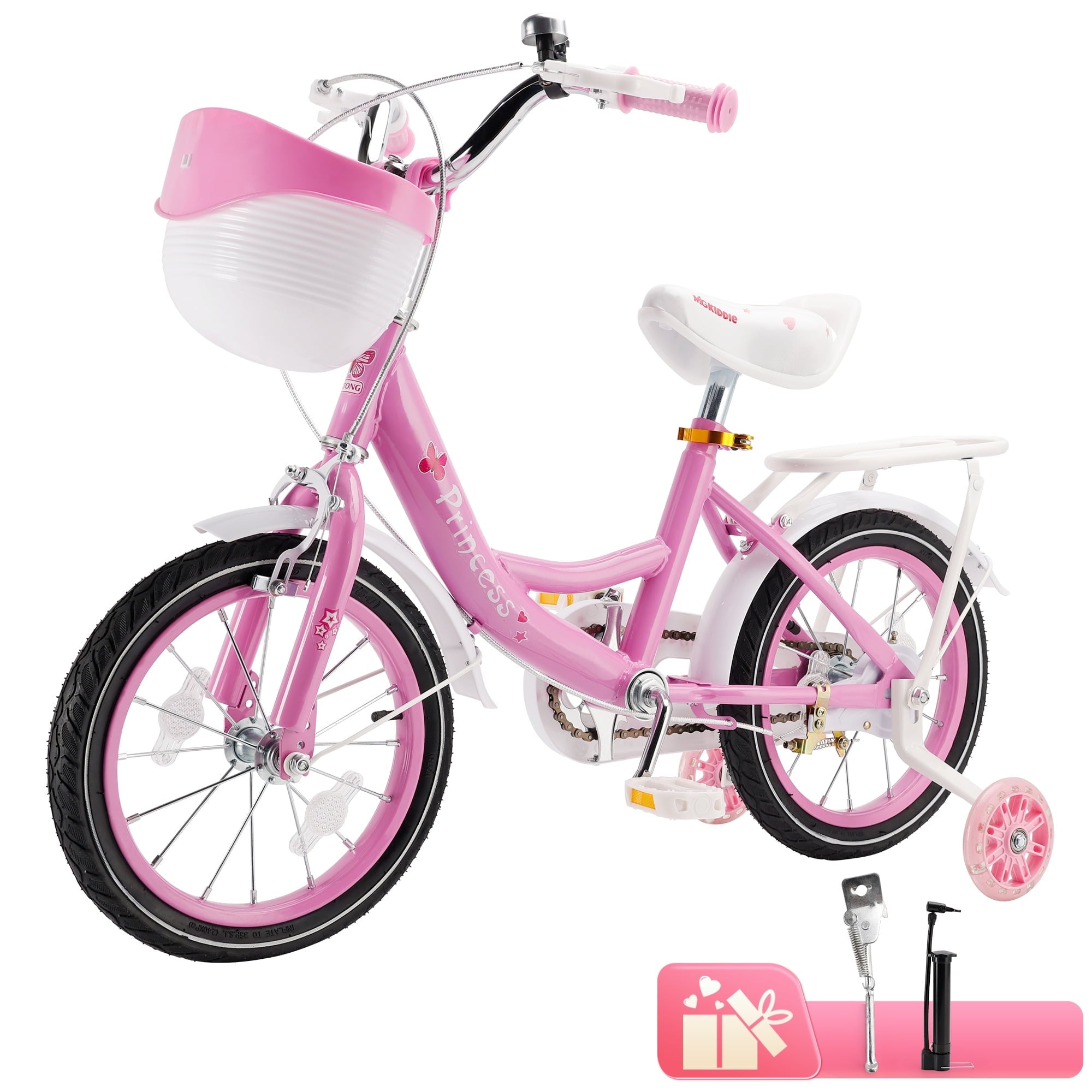 16 18 Inch Girls Bike for Toddlers and Kids Ages 4-9 Years Old, Kids Bike with Flashing Training Wheels & Basket, Girls Bicycle with Handbrake & Kickstand, Pink/Purple