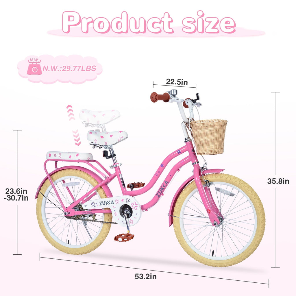 20 inch Girls Bike for 7-10 Years Old Kids, SHINPT Kids Bicycle with Basket & Lightweight, Comfortable City Bikes with Rear Rack and Basket, Pink