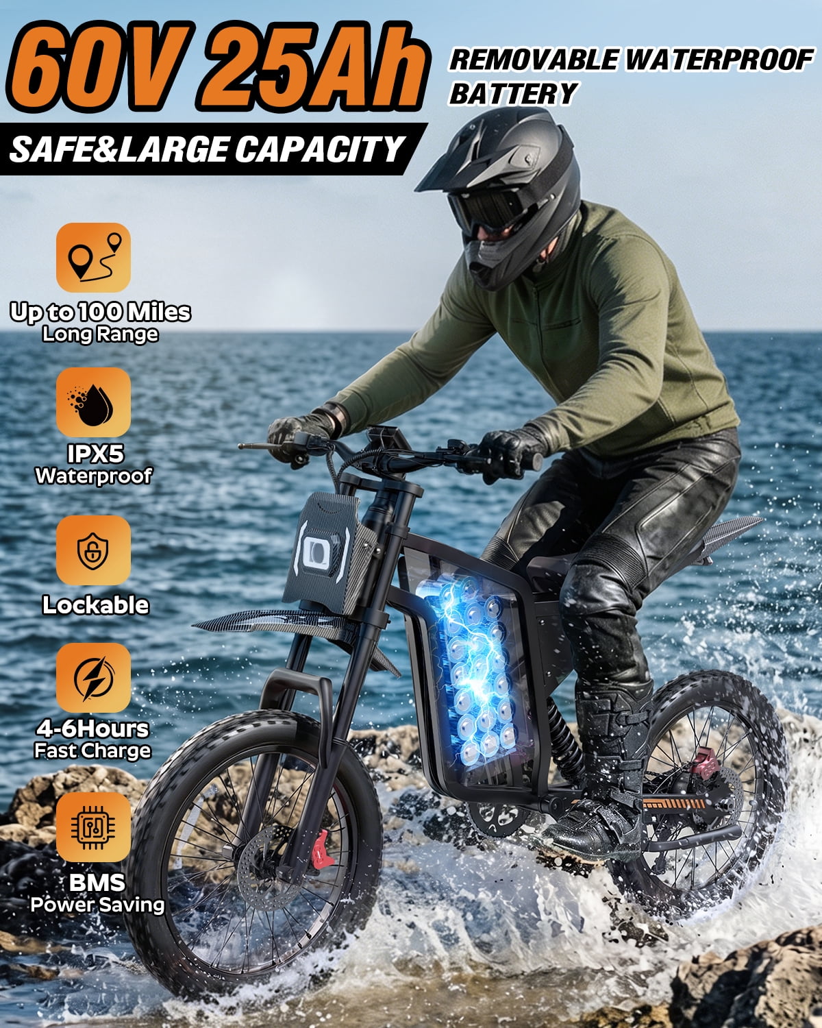 Bopzin Electric Dirt Bike for Adults, Smart App Anti-Theft, 60V 25Ah Up to 100 Miles, 3000W 20x3.0 Fat Tire Electric Bike UL2849