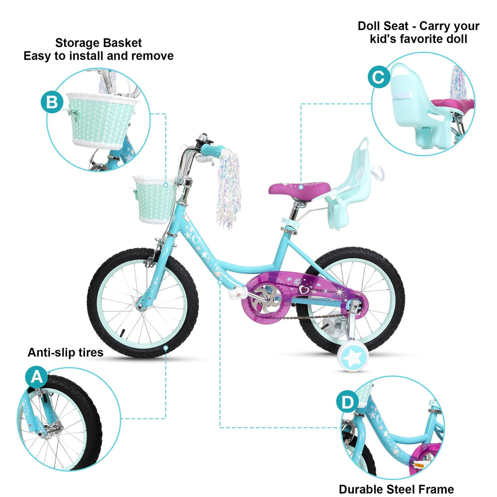Hykolity 14 inch Girls Bike Princess Bicycle for Age 3-5 Years Old Rider Height 35-47 inch includes Training Wheel Basket Doll Seat Aqua Blue