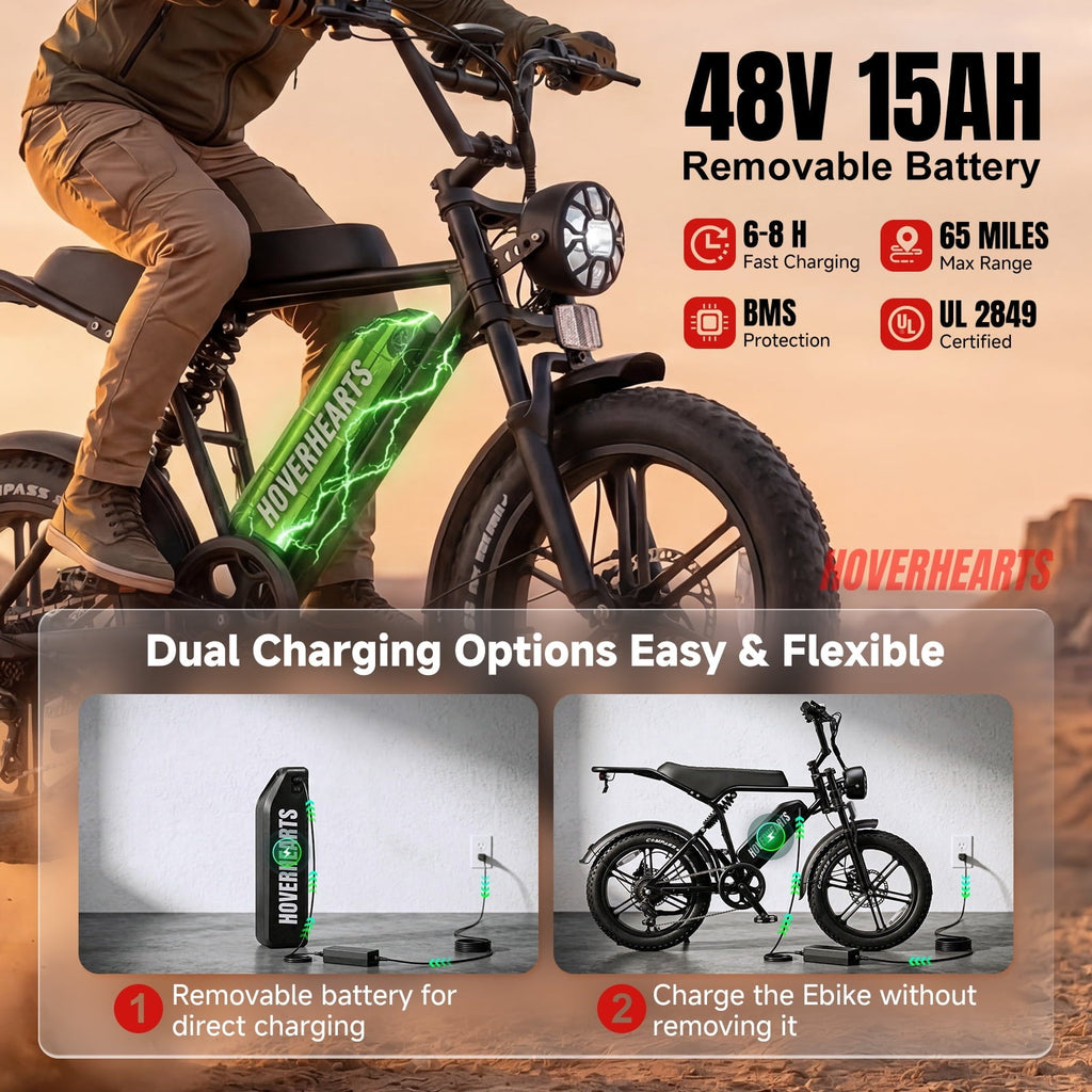 HOVER HEART 20 Fat Tire E-Bike 500W Electric Bicycle for Adults 48V 15Ah 28mph 7 Speed Hydraulic Brakes Retro Style Electric Bike with LCD Display