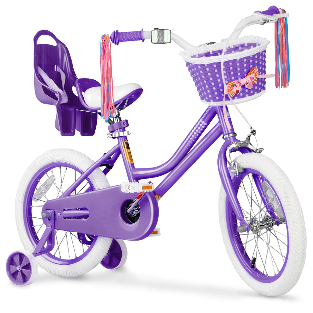 XJD Girls Bike for Toddlers 3-9 Years Old Kids, 16 Inch Kids Bike with Training Wheels, Streamers, Basket and Doll Seat, Children Bicycles with Handbrake