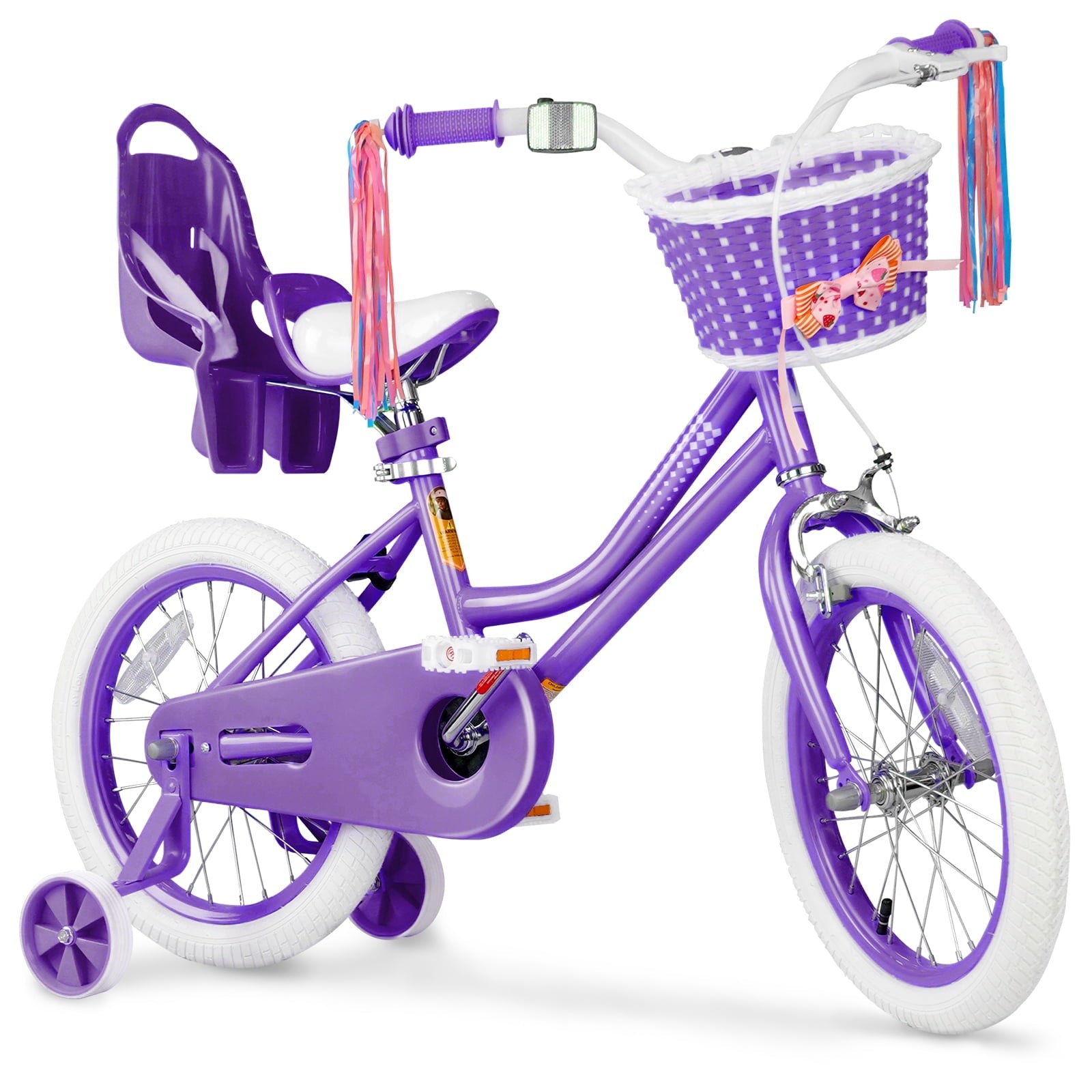 XJD Girls Bike for Toddlers 3-9 Years Old Kids, 16 Inch Kids Bike with Training Wheels, Streamers, Basket and Doll Seat, Children Bicycles with Handbrake