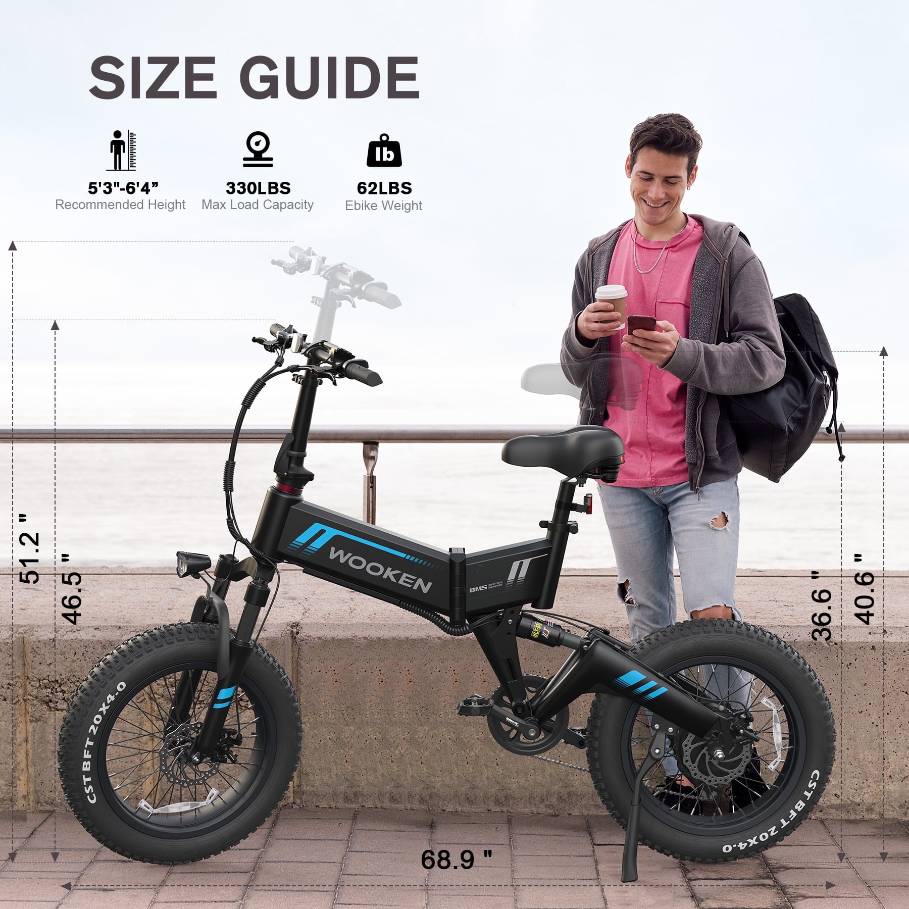 Wooken 20X4.0 Fat Tire Electric Bike for Adults, 500W Foldable Electric Bicycle with 48V 10Ah Built-in Battery, Shimano 7 Speed, Dual Shock Absorber
