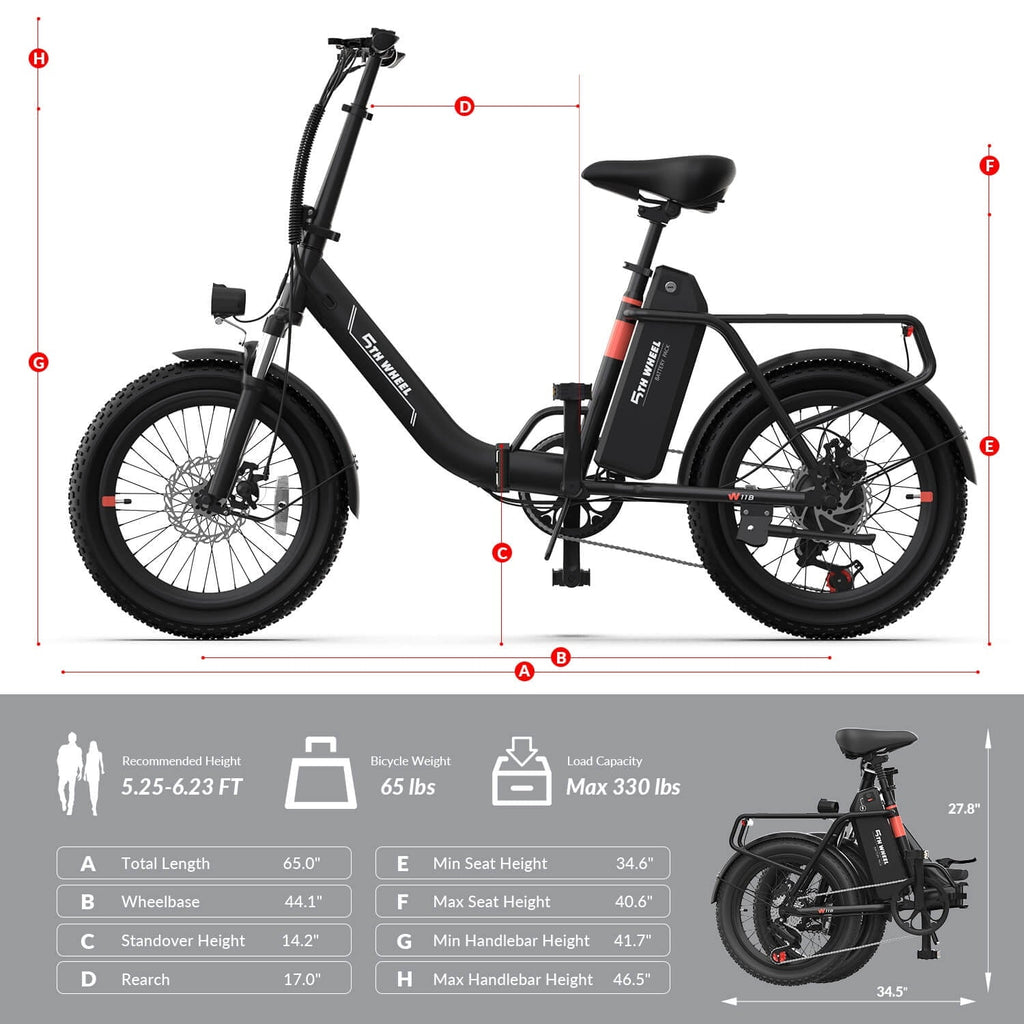 5TH WHEEL W11B 20 Fat Tire Electric Bike, 500W Foldable Adult E-bike with 48V 15.6Ah Removable Battery, Electric Bicycle with 7 Speed, UL2849
