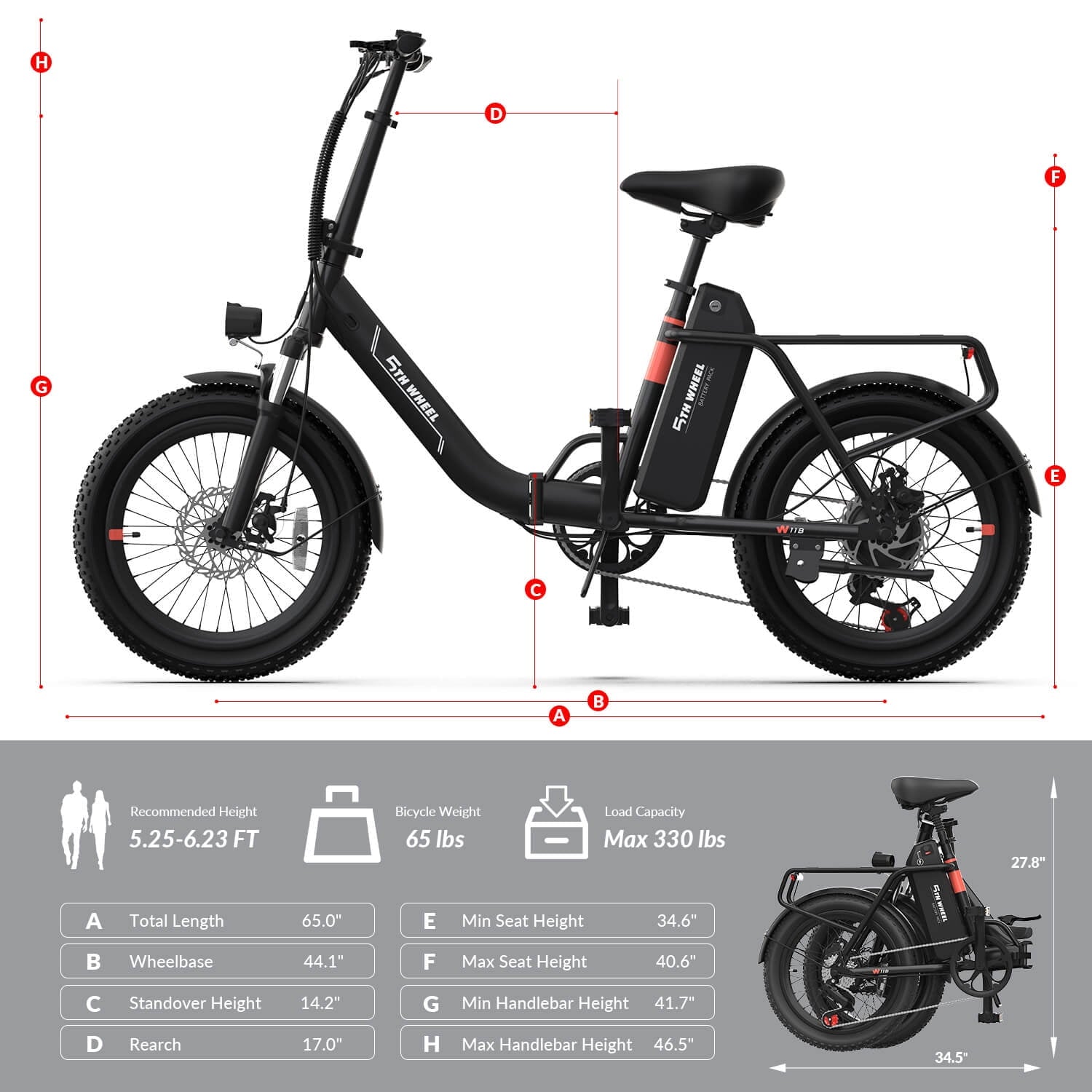 5TH WHEEL W11B 20 Fat Tire Electric Bike, 500W Foldable Adult E-bike with 48V 15.6Ah Removable Battery, Electric Bicycle with 7 Speed, UL2849
