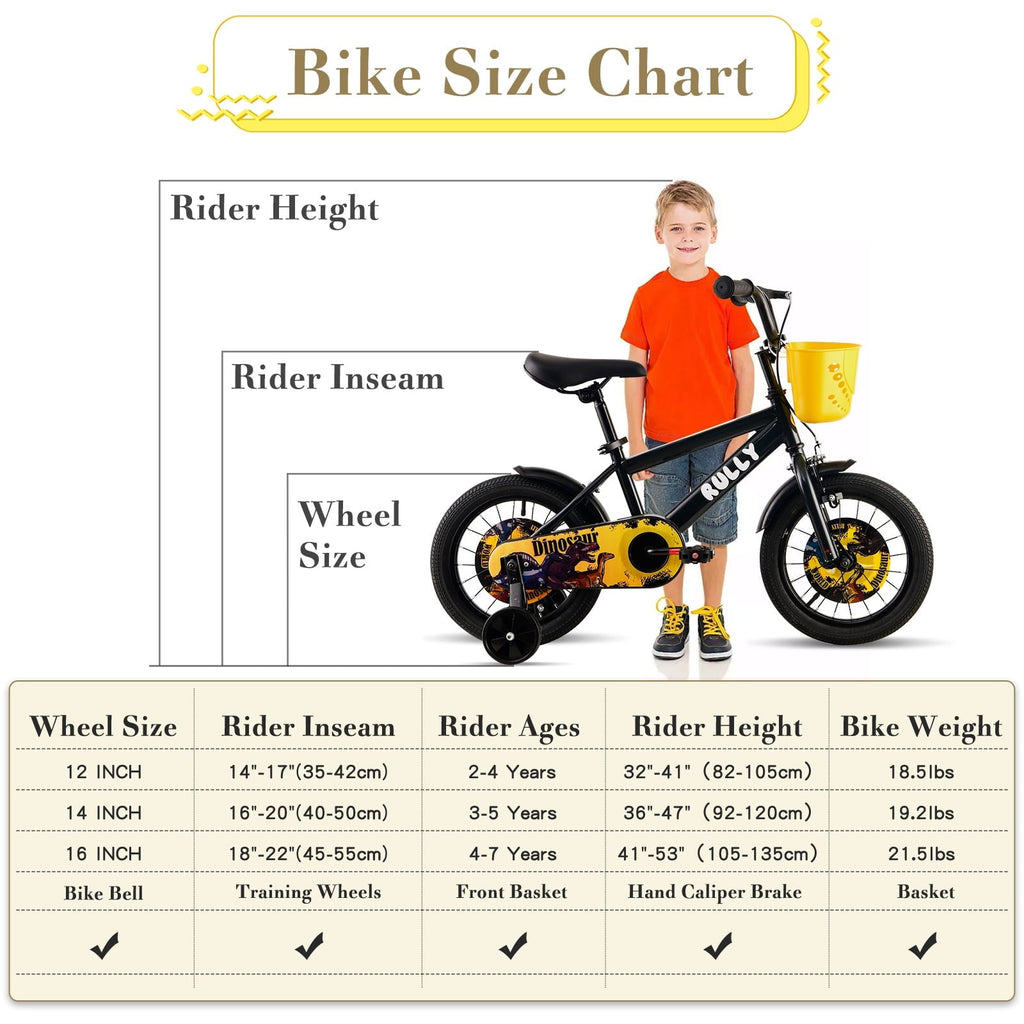 RULLY 14 Inch Dinosaur Kids Bike for Boys 3-5 Years, Bicycle with Training Wheels, Basket & Coaster Brake, Blue
