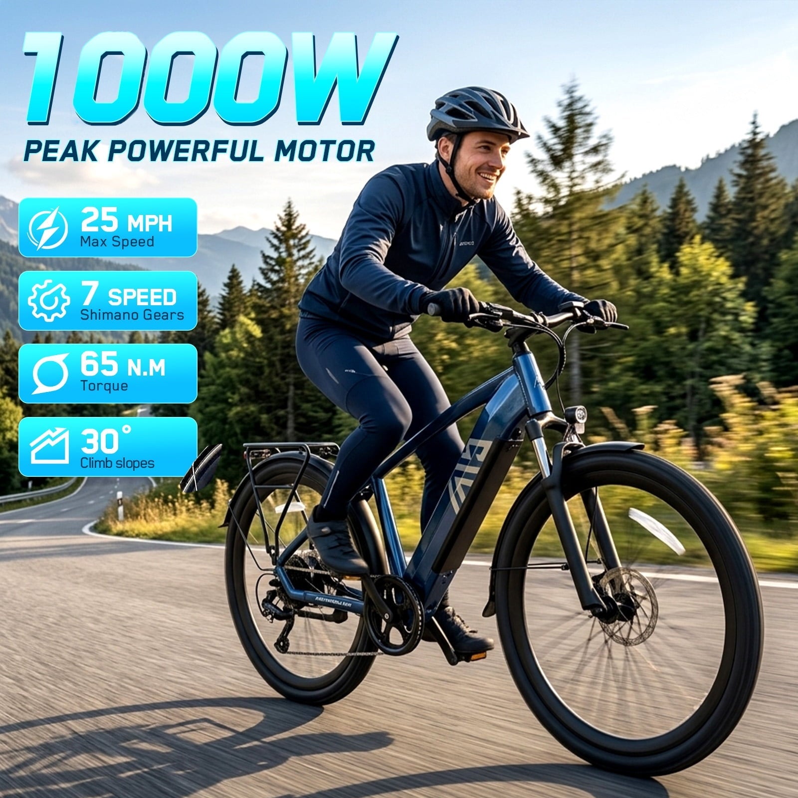TST Electric Bike for Men, Peak 1000W E Mountain Bike, Electric Bicycle, 27.5 Tire EBike, Hydraulic Disc Brakes, 48V/15Ah Battery
