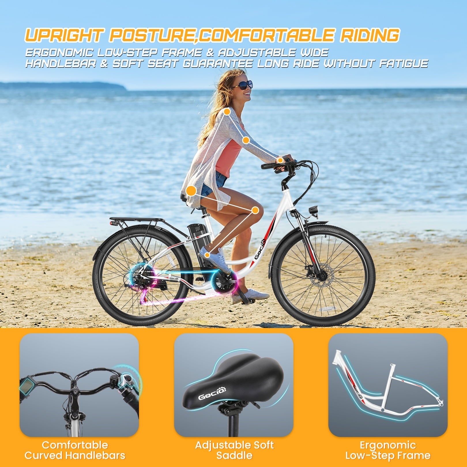 Gocio 26 Electric Bike for Adults, 500W Motor, City Commuter E-Bike, 48V 7.8Ah Removable Battery, Max 19.8Mph, 7 Speed, UL2849