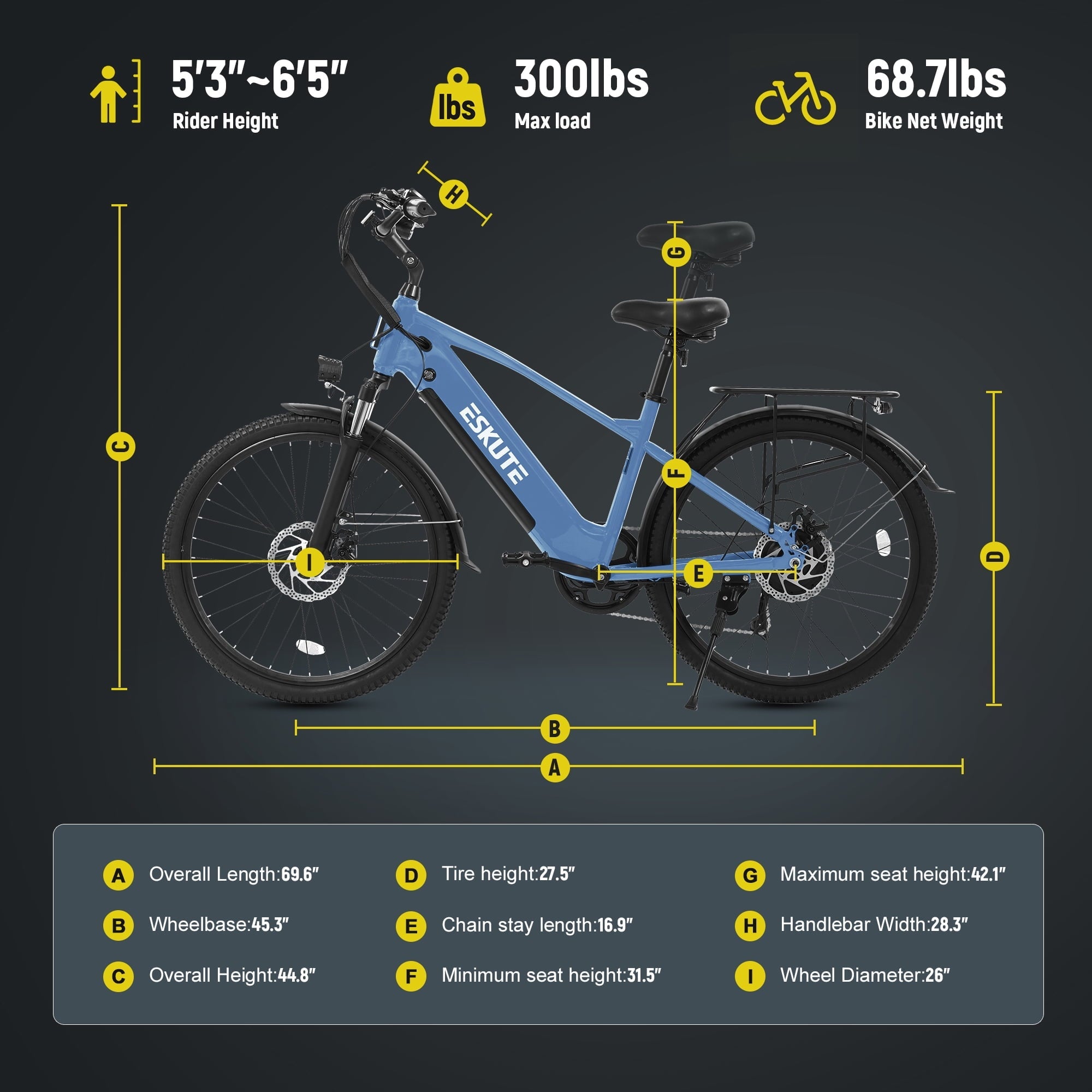 ESKUTE C200D 70-Mile Electric Bike for Adults, 840Wh Removable Battery, 1300W Peak Motor, Up to 28MPH, 26 Tires, 7-Speed Step-Over E-Bike White, UL2849