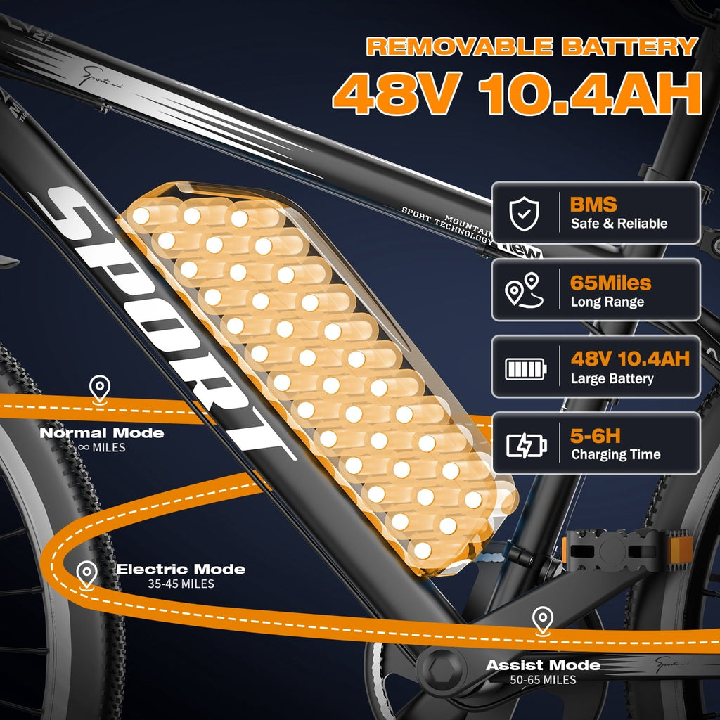 AZHAR G29 Electric Bike for Adults, 26 E-Mountain Bicycle,750W,Peak 1200W Motor 48V 10.4Ah Ebike UL2849
