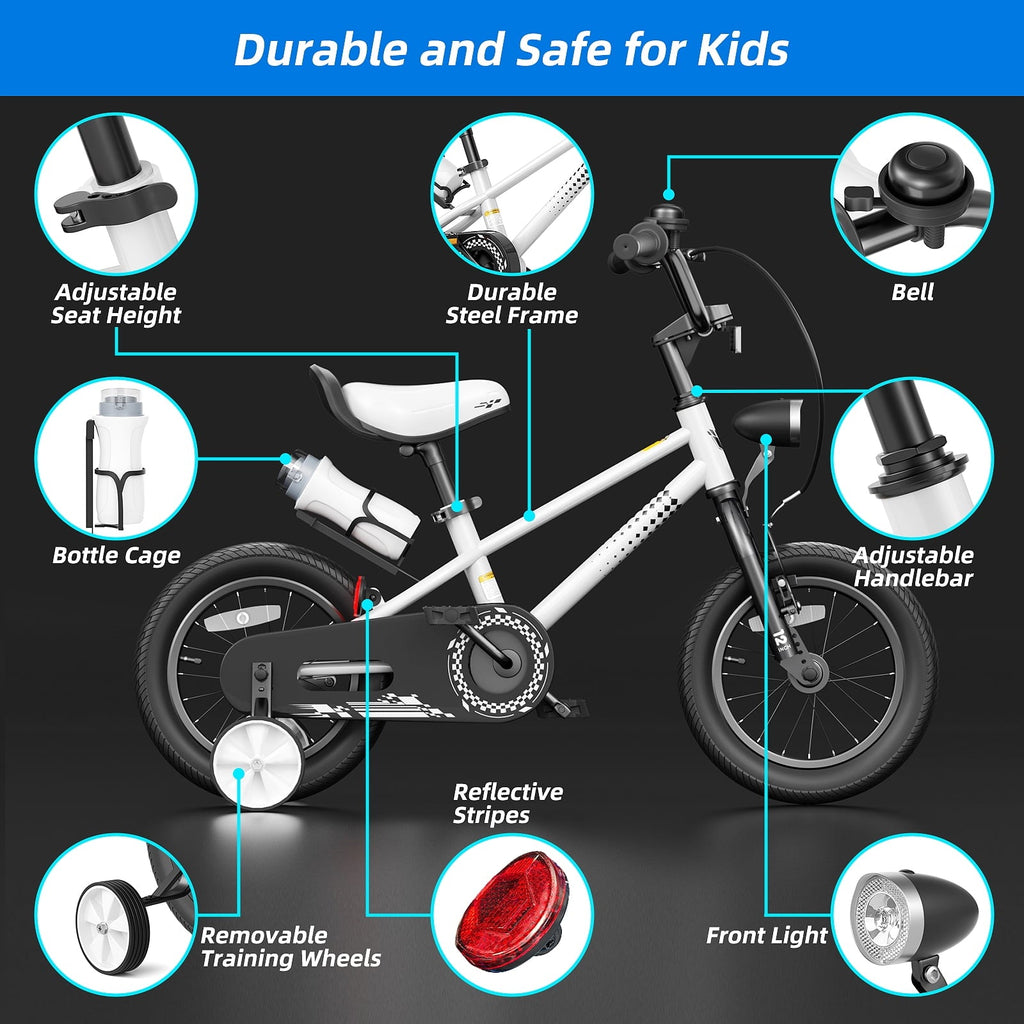 GLAF 12 14 16 Inch Boys Bike with Training Wheels & Water Bottle Holder, for Kids Ages 2-7 Years, Durable Construction, Green
