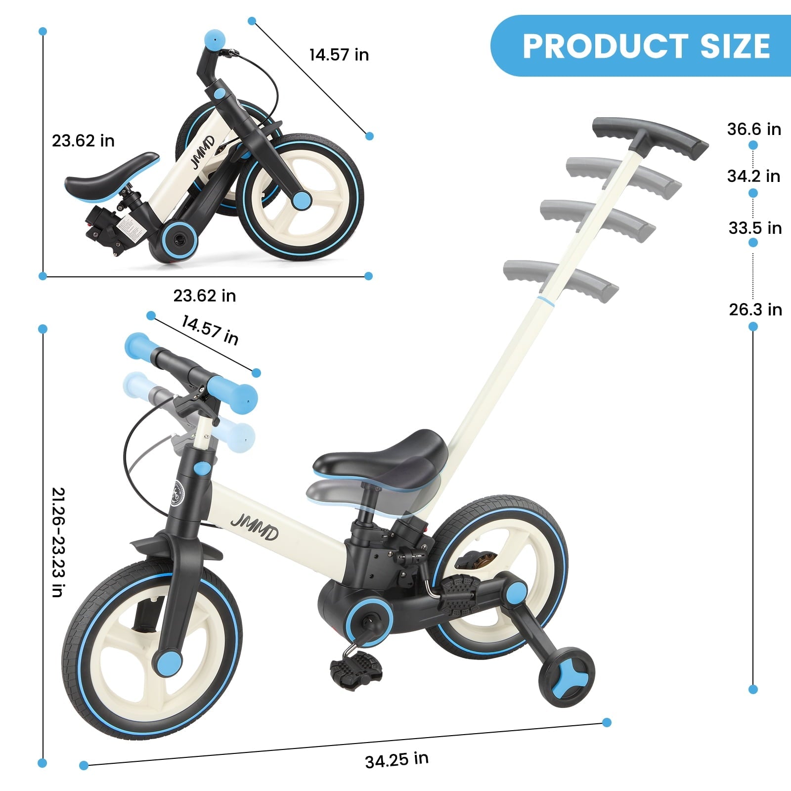 JMMD Toddler Bike with Push Handle for Kid 18-60 Months, 6 in 1 Foldable Tricycle with Training Wheel, Pedals, Kid Balance Bike for Boy & Girl, Black